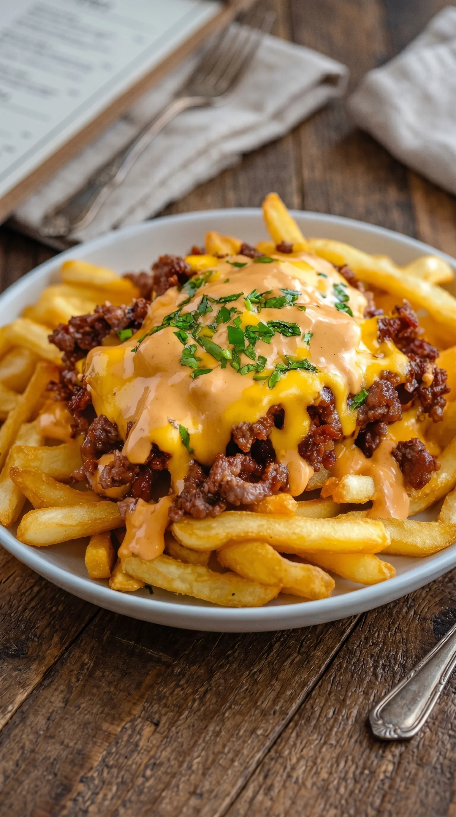 A plate of french fries with meat and cheese on top.