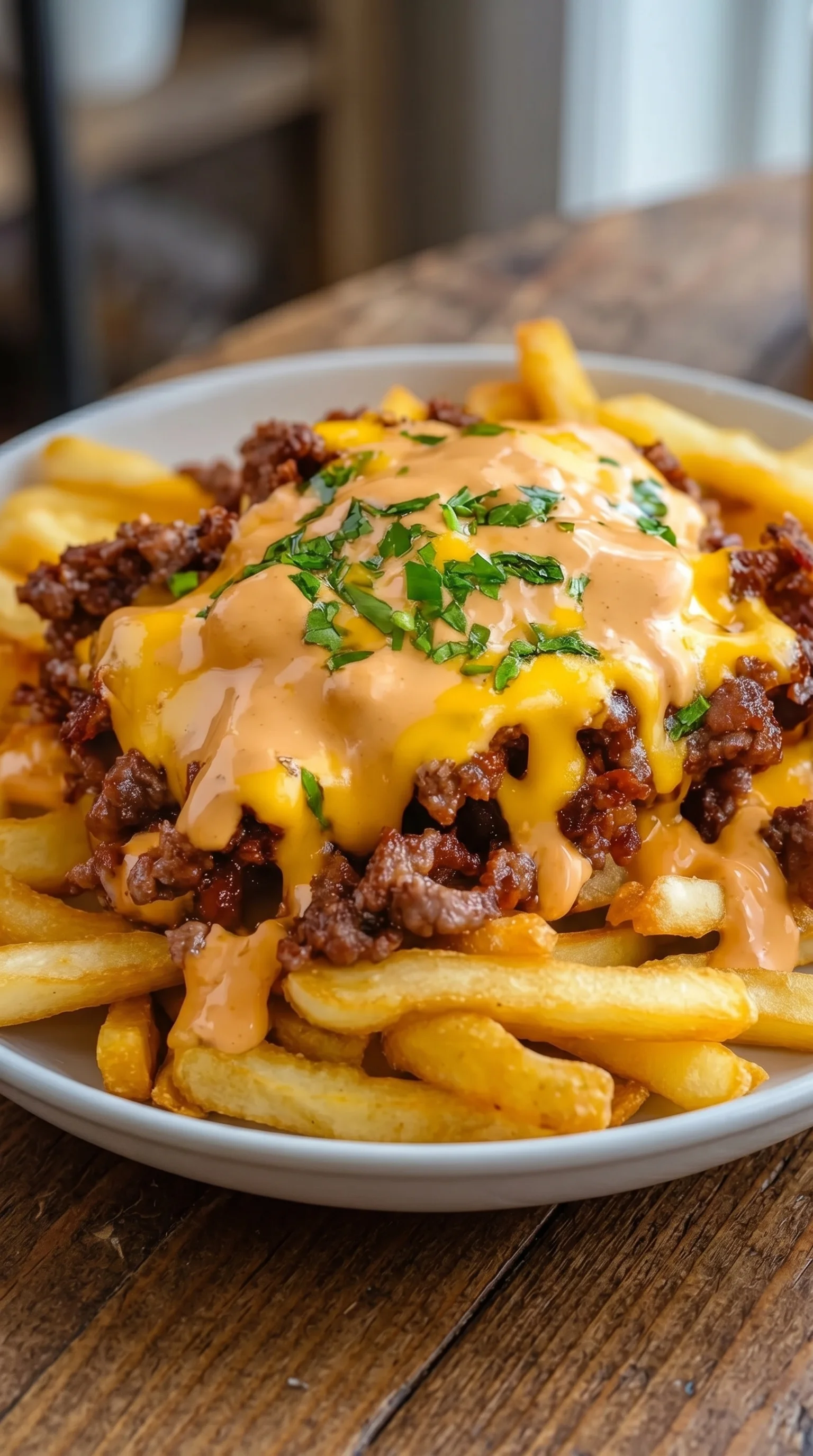 A plate of french fries with cheese and meat on top.