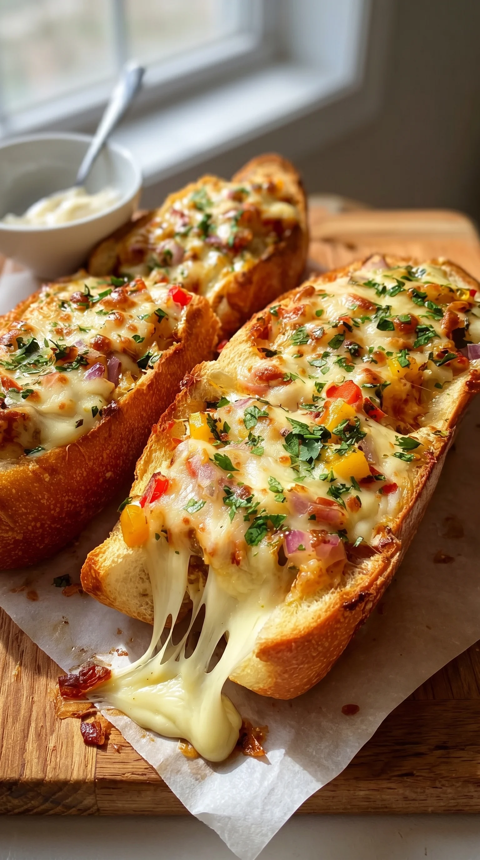 Two Gefüllte Ofen-Baguettes with cheese and vegetables.