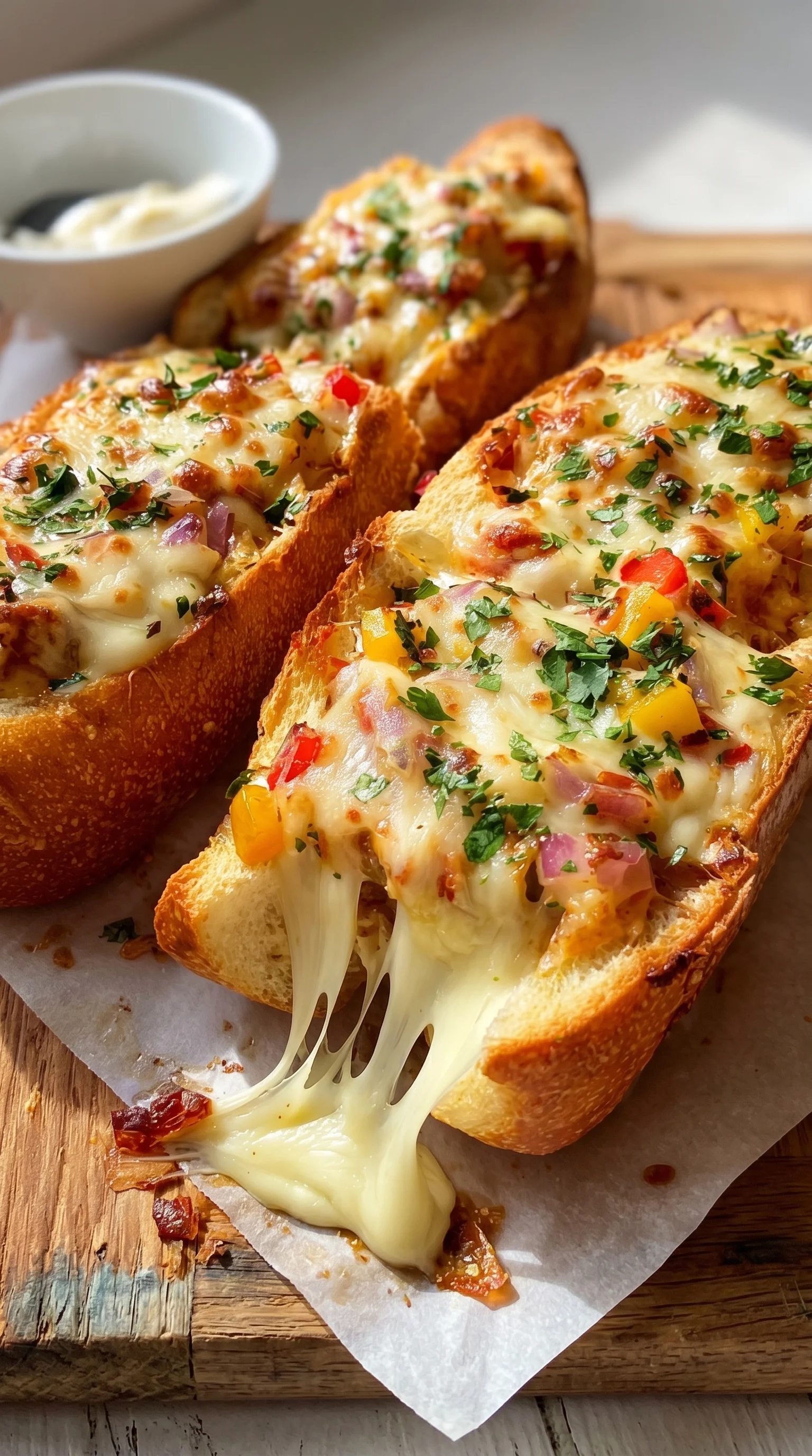 Two slices of cheese-filled baguette.