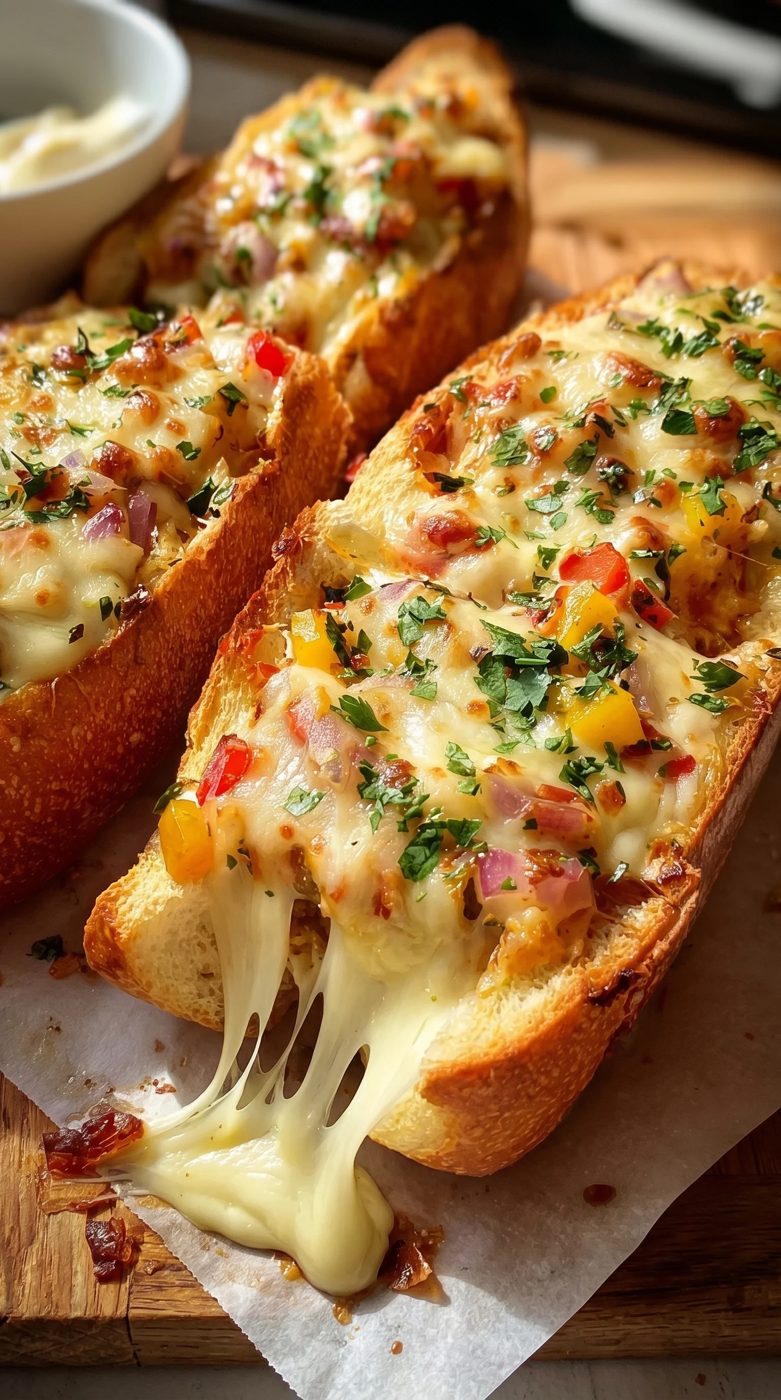 Two slices of cheese-filled baguette.