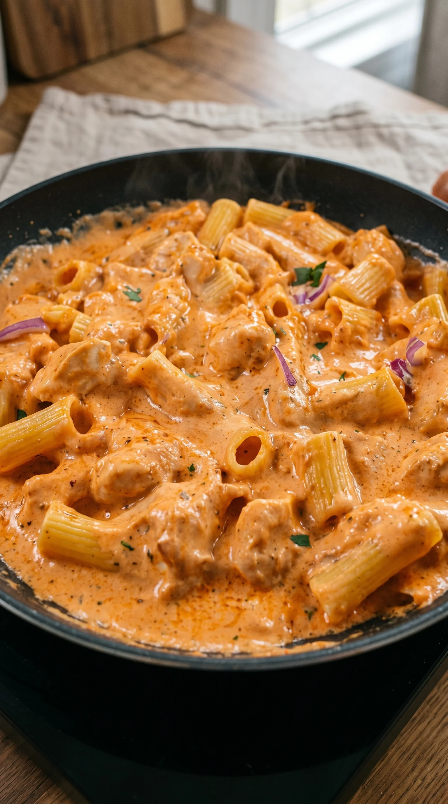 A bowl of creamy pasta with a sharp tomato sauce.
