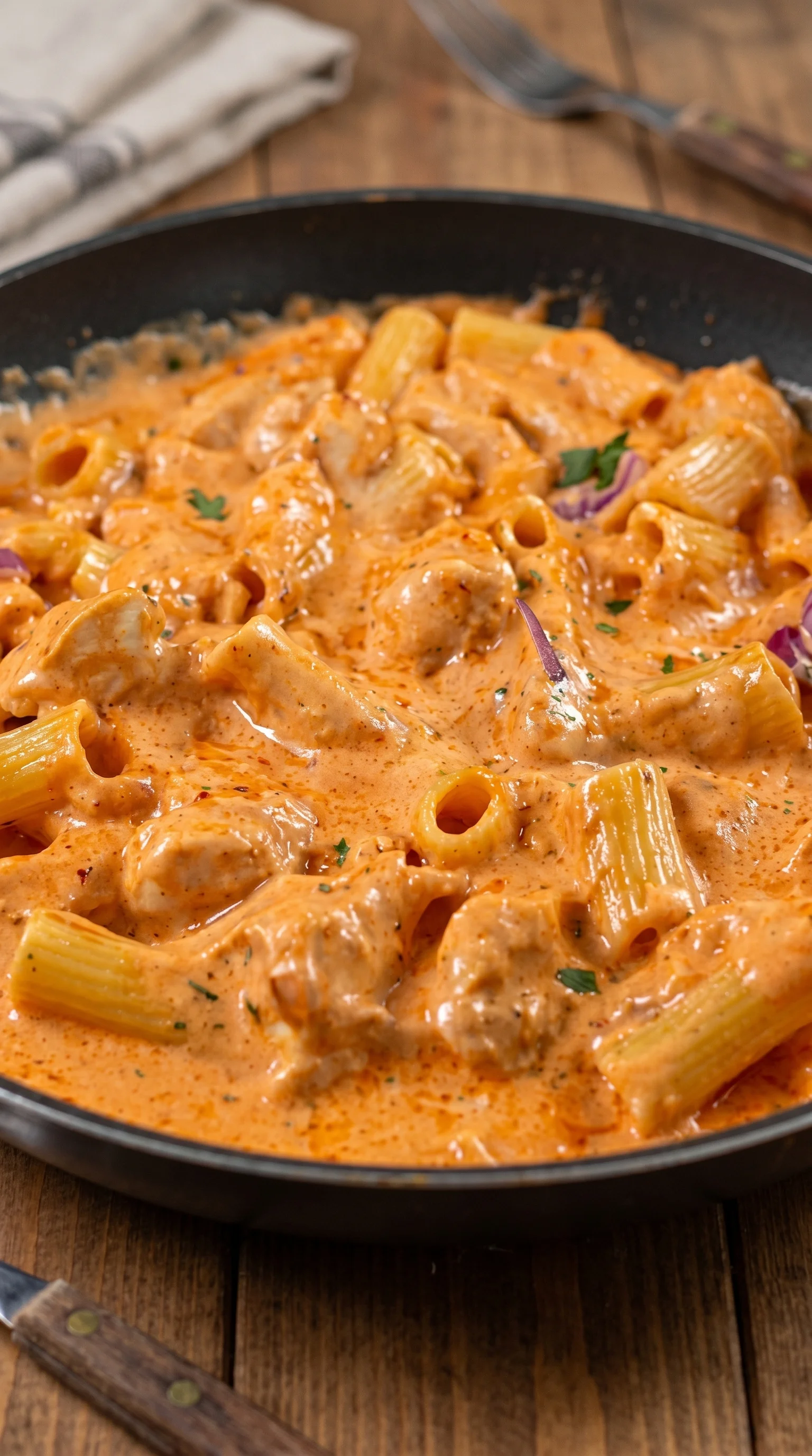 A bowl of creamy pasta with a sharp tomato sauce.