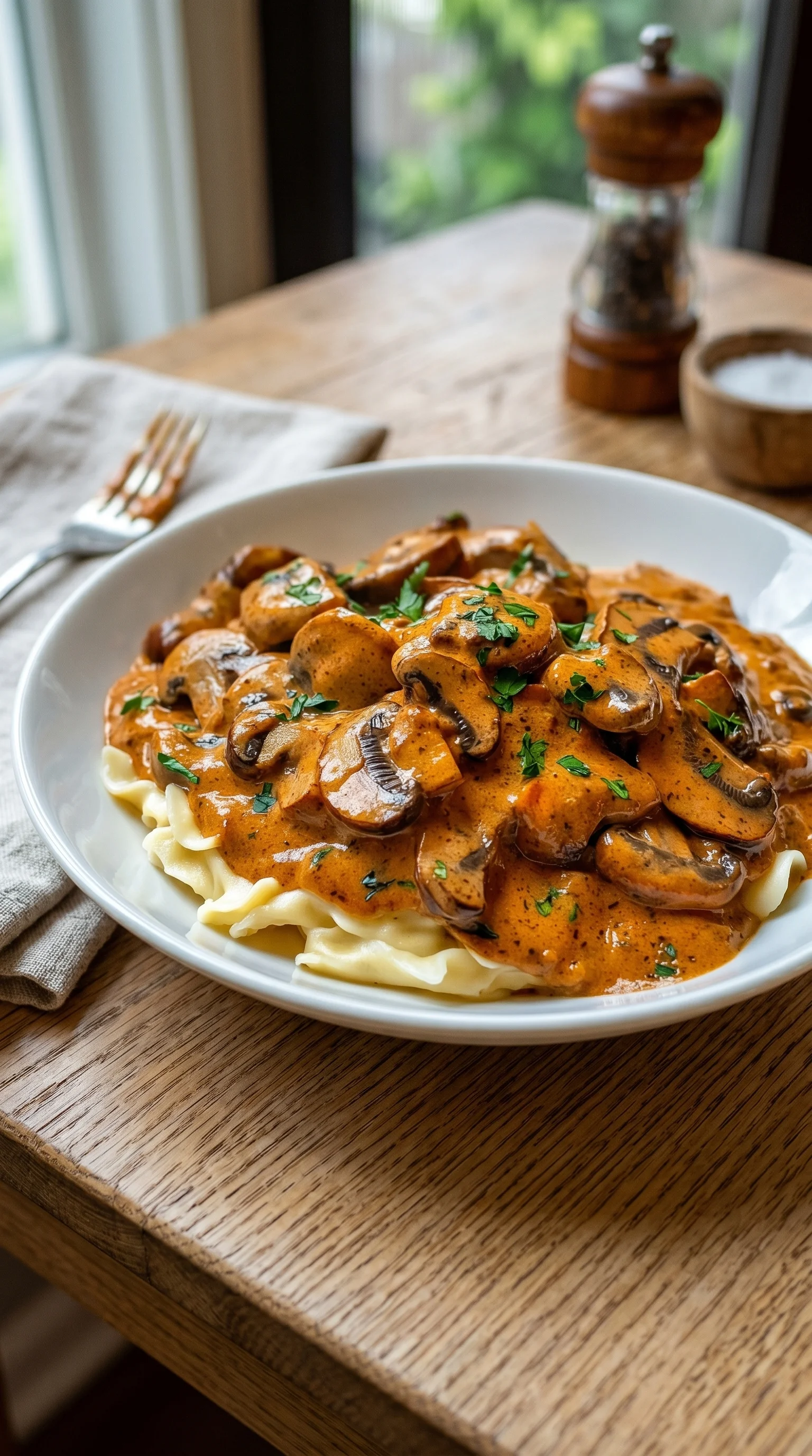 A white bowl filled with mushrooms and pasta.
