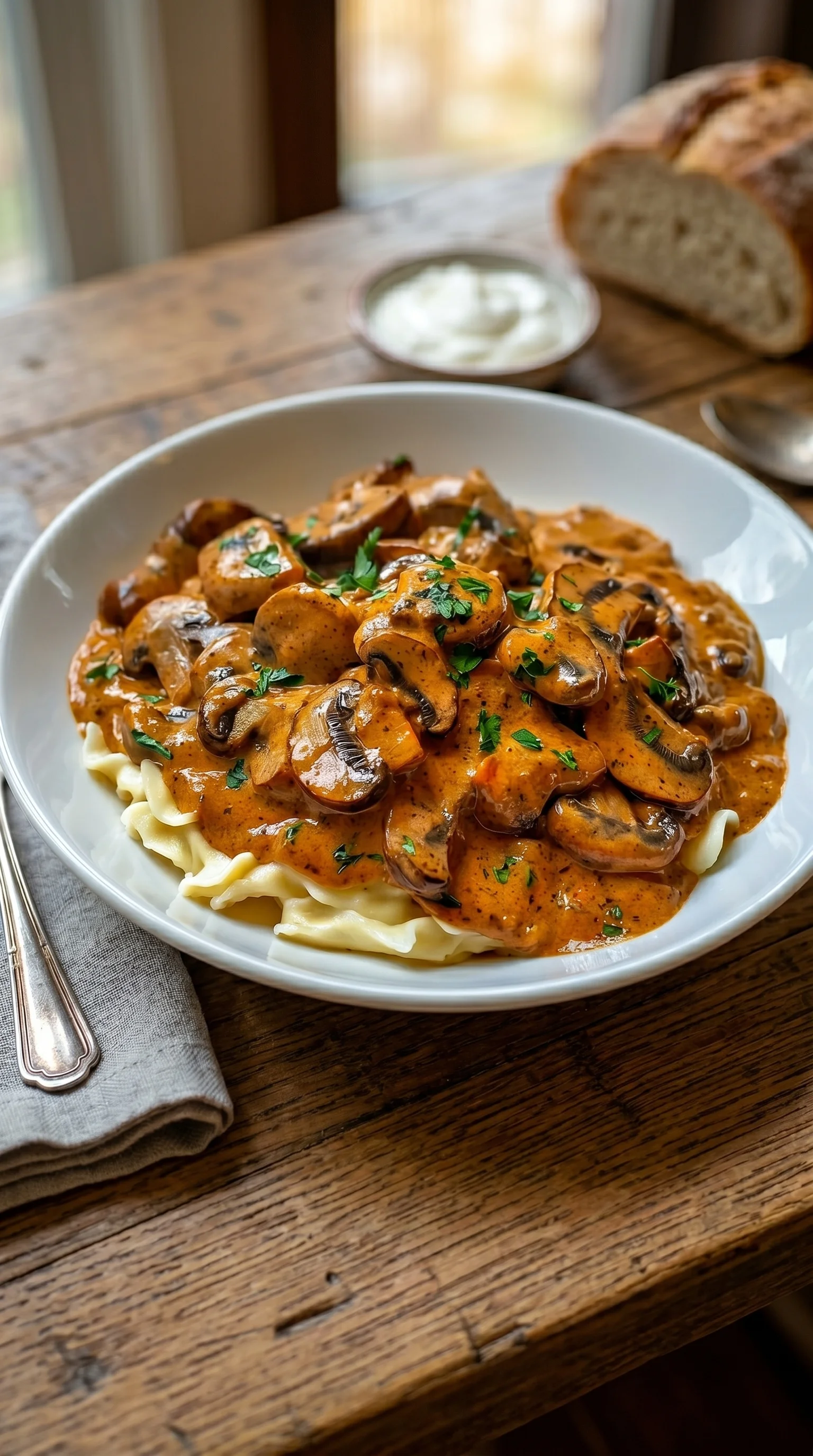 A bowl of mushroom and pasta dish.