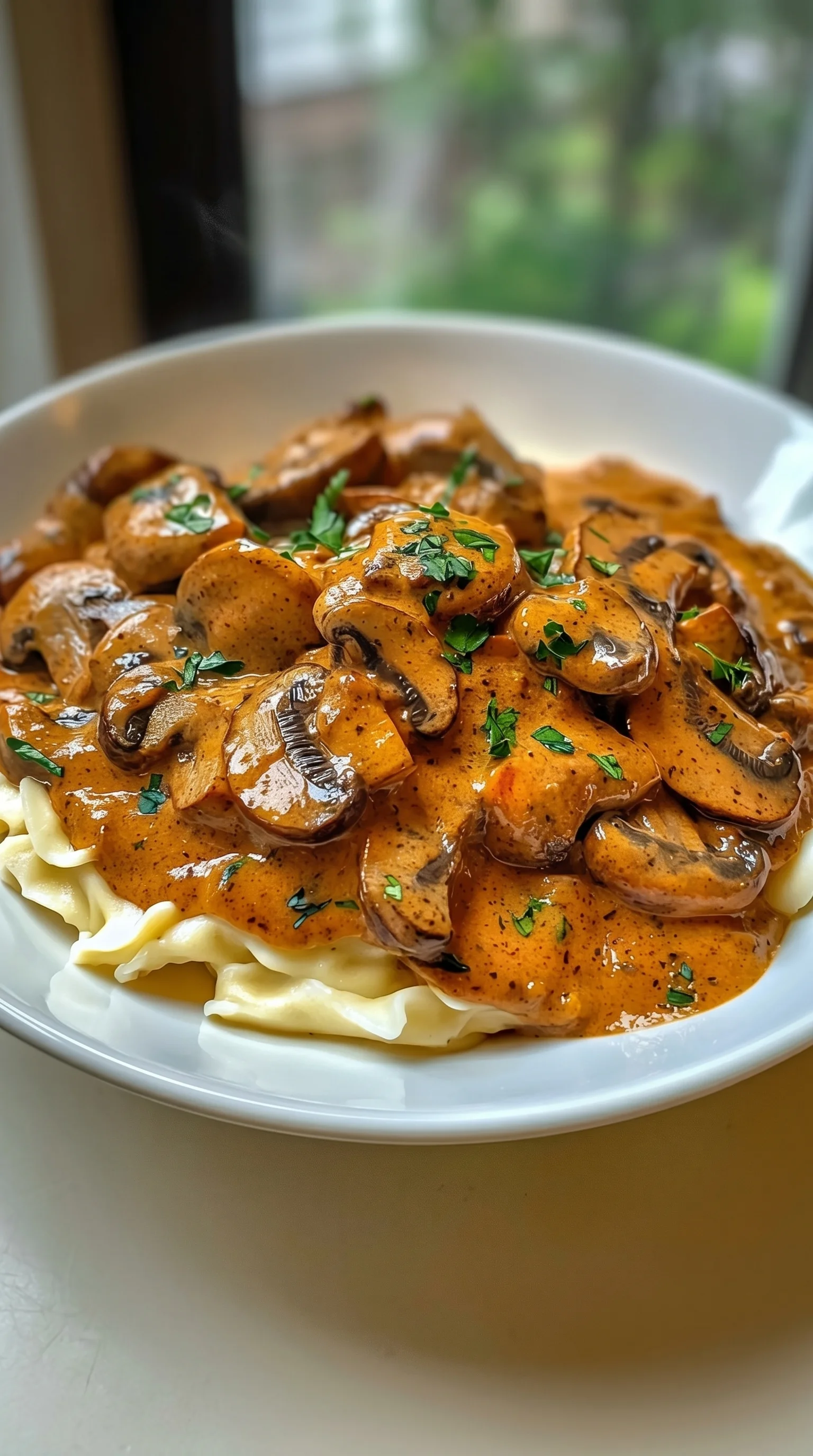 A white bowl filled with mushrooms and sauce.