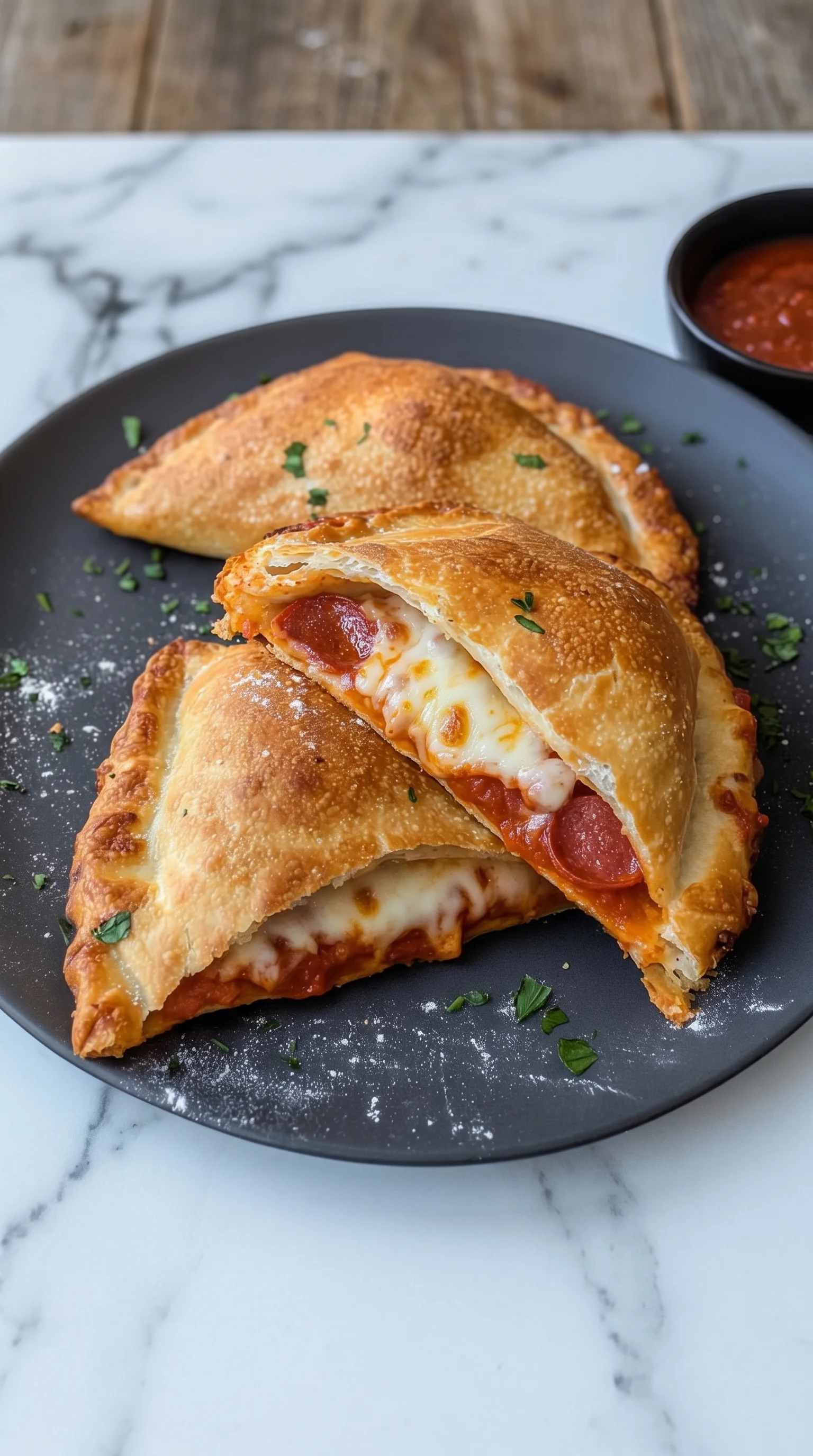 Two calzones with pepperoni and cheese on a plate.