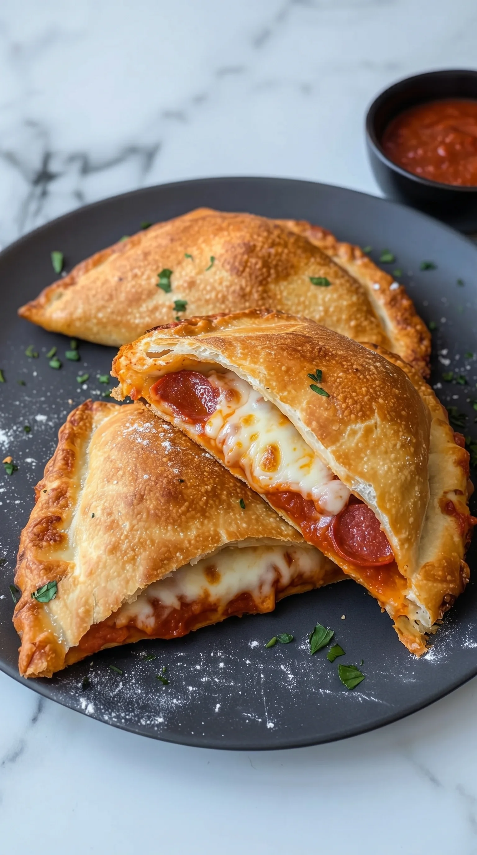 Two calzones with pepperoni and cheese.