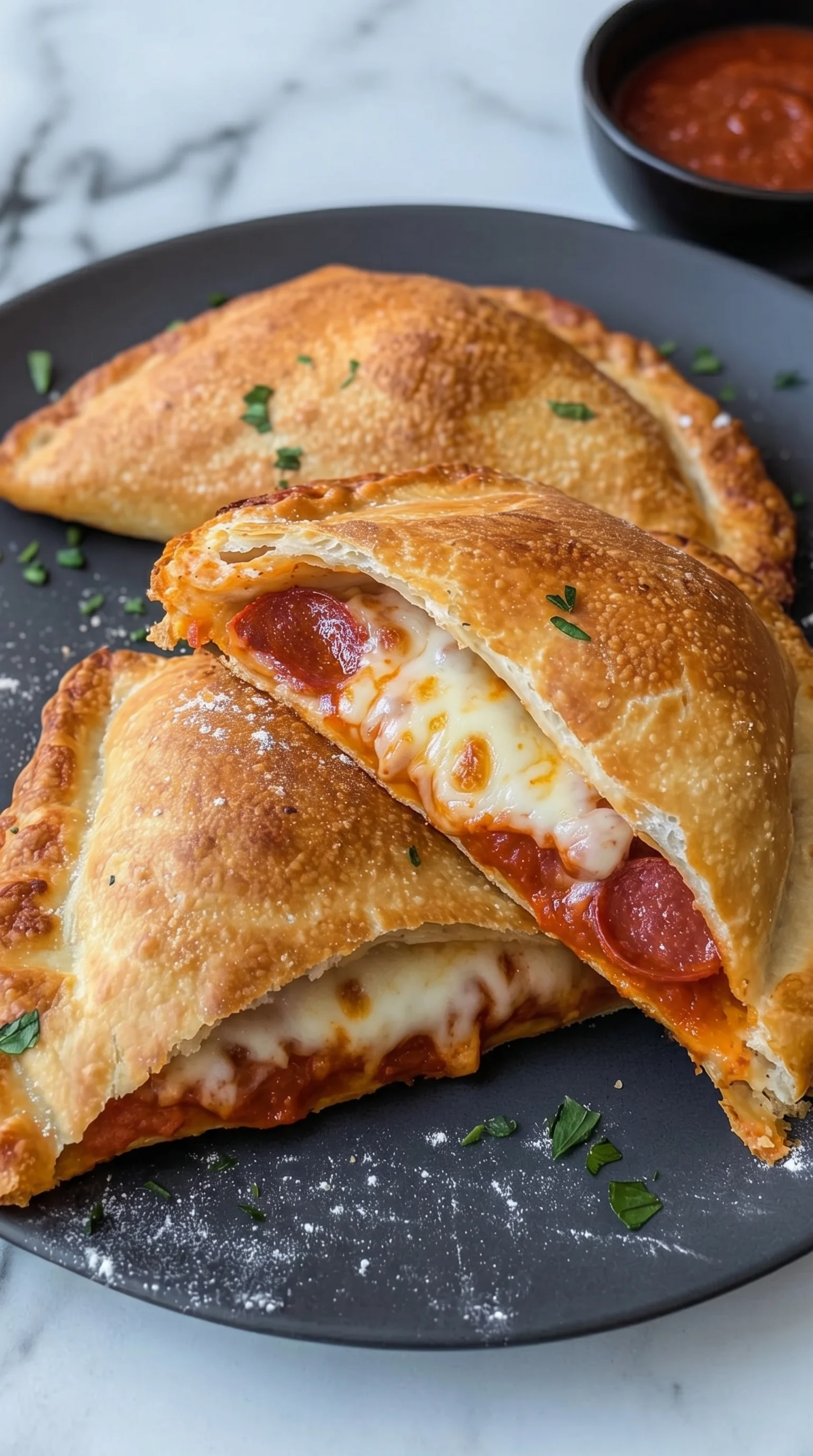 Two calzones with pepperoni and cheese.