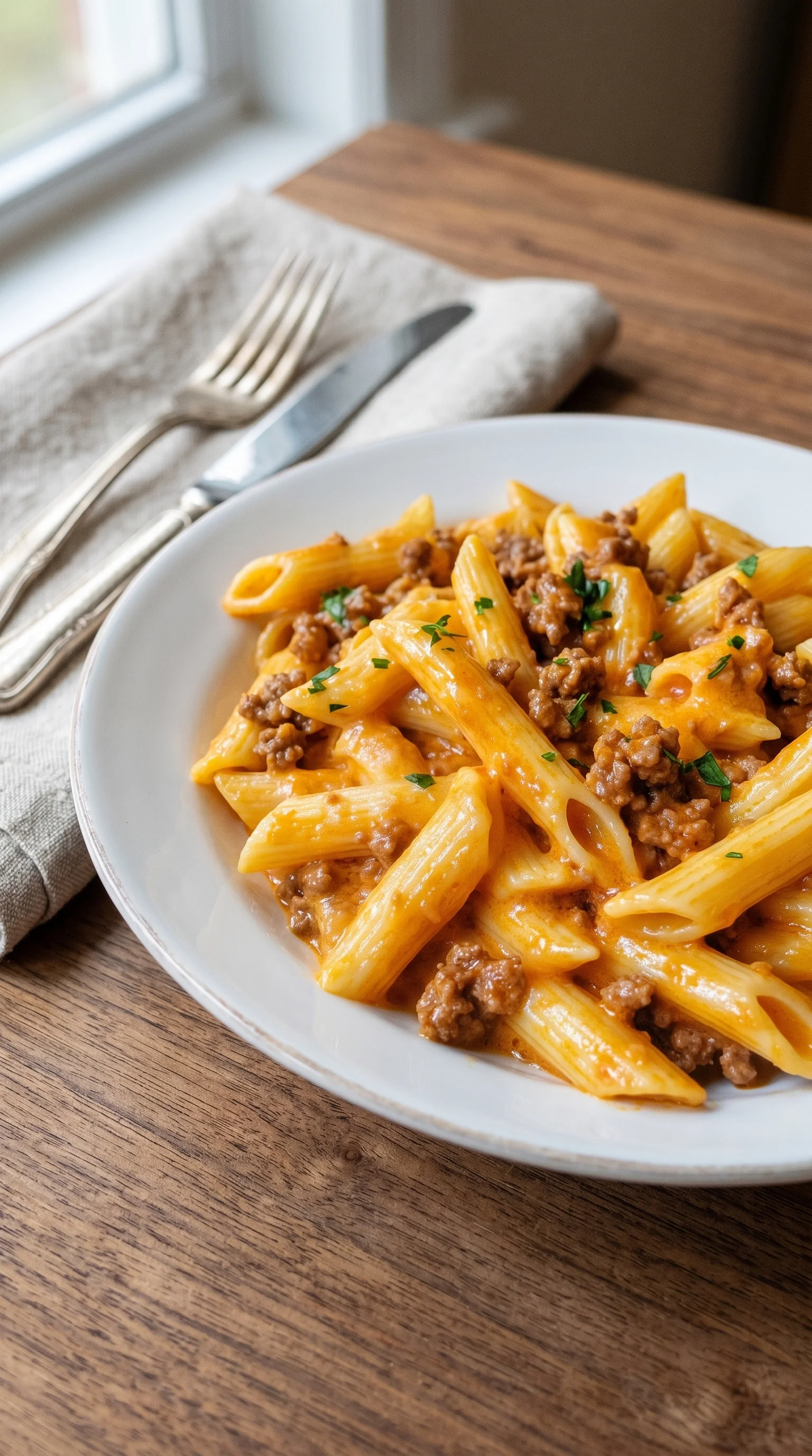 A plate of pasta with meat sauce.