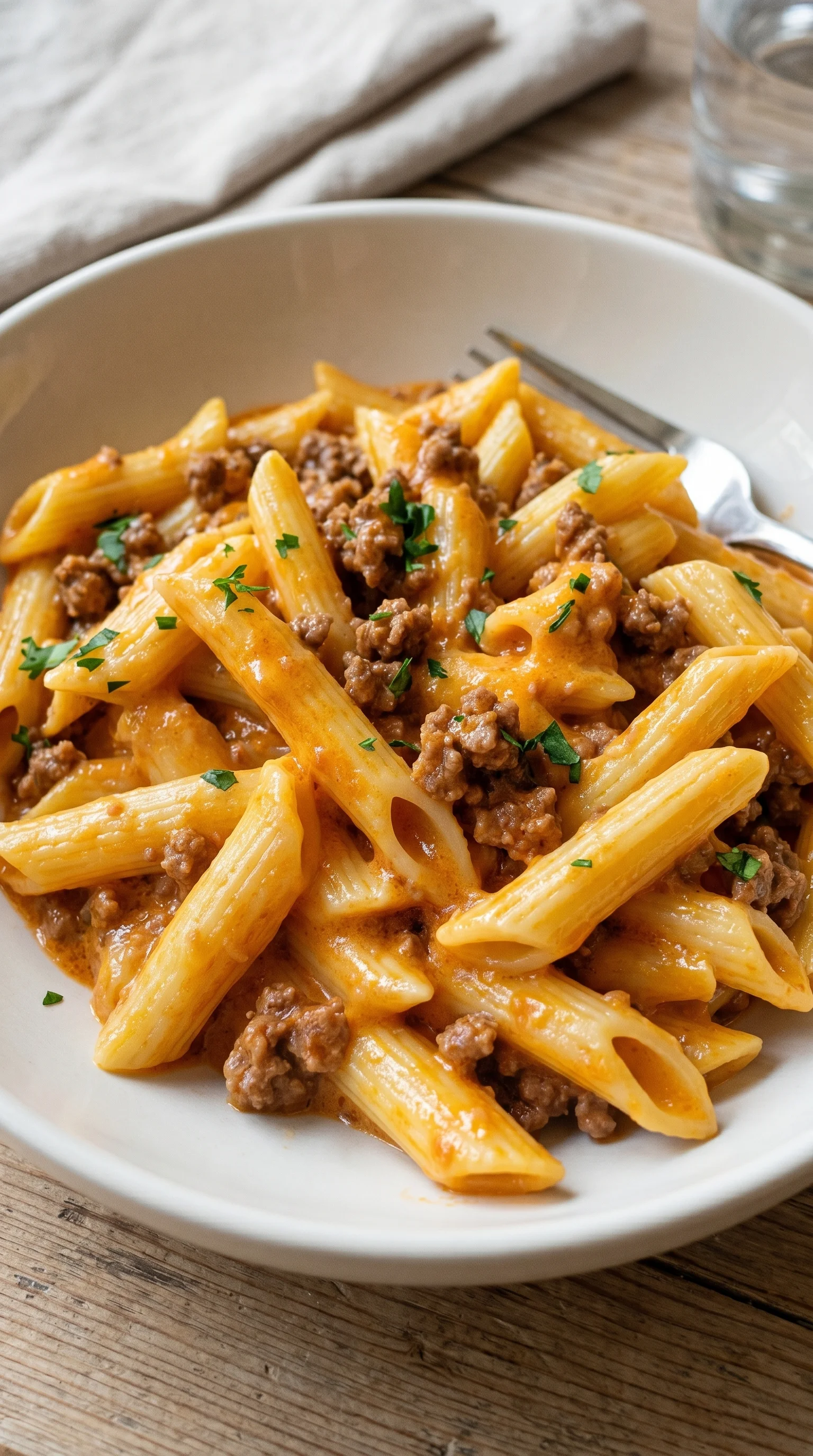A bowl of pasta with meat sauce.