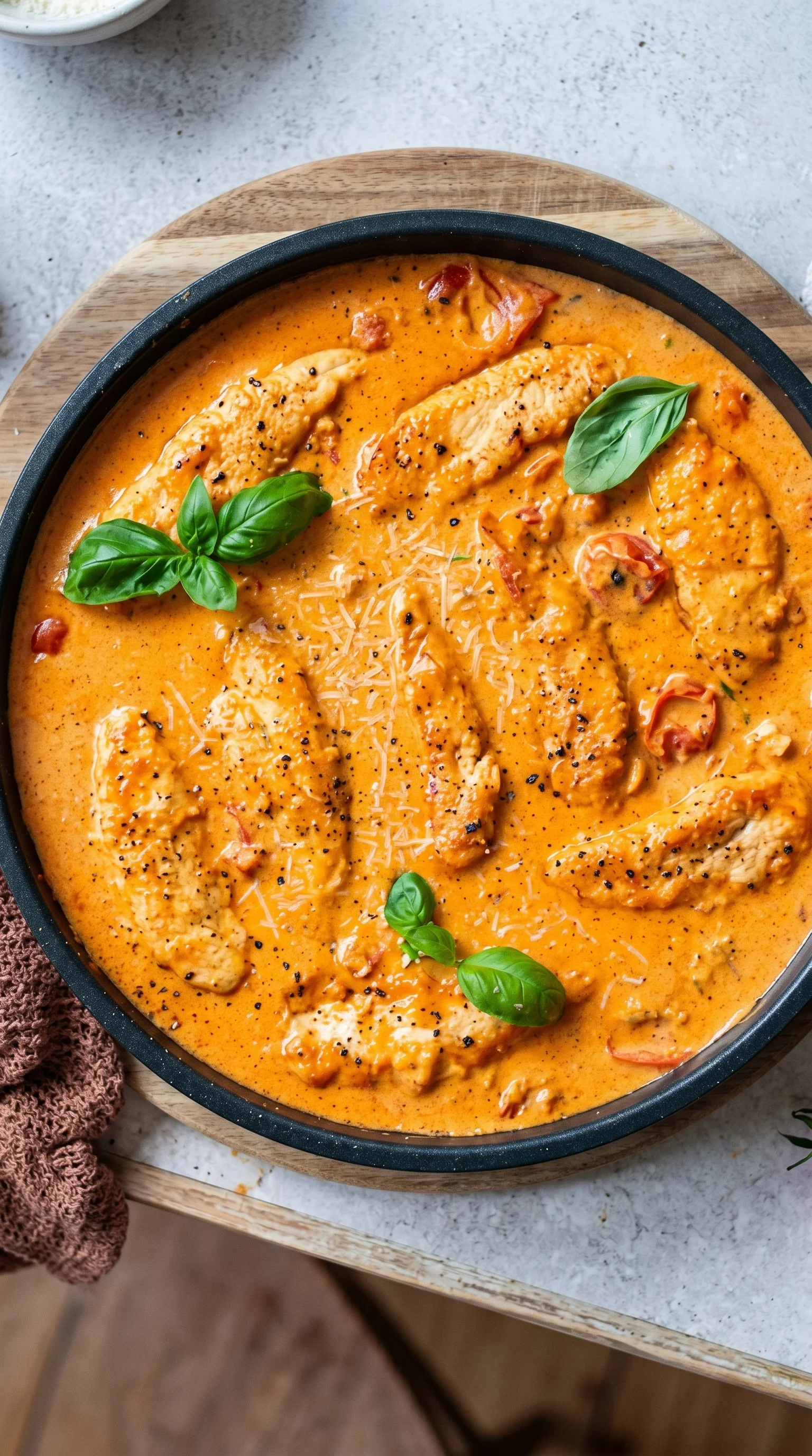 A bowl of chicken in a creamy sauce.