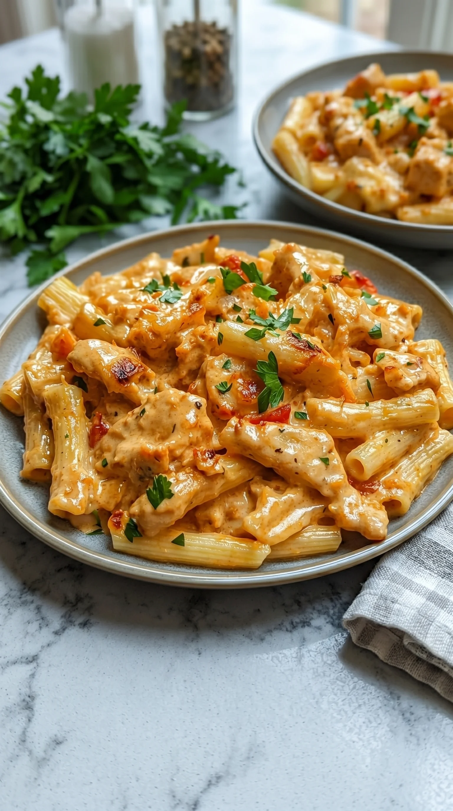 A plate of cream sauce covered noodles.