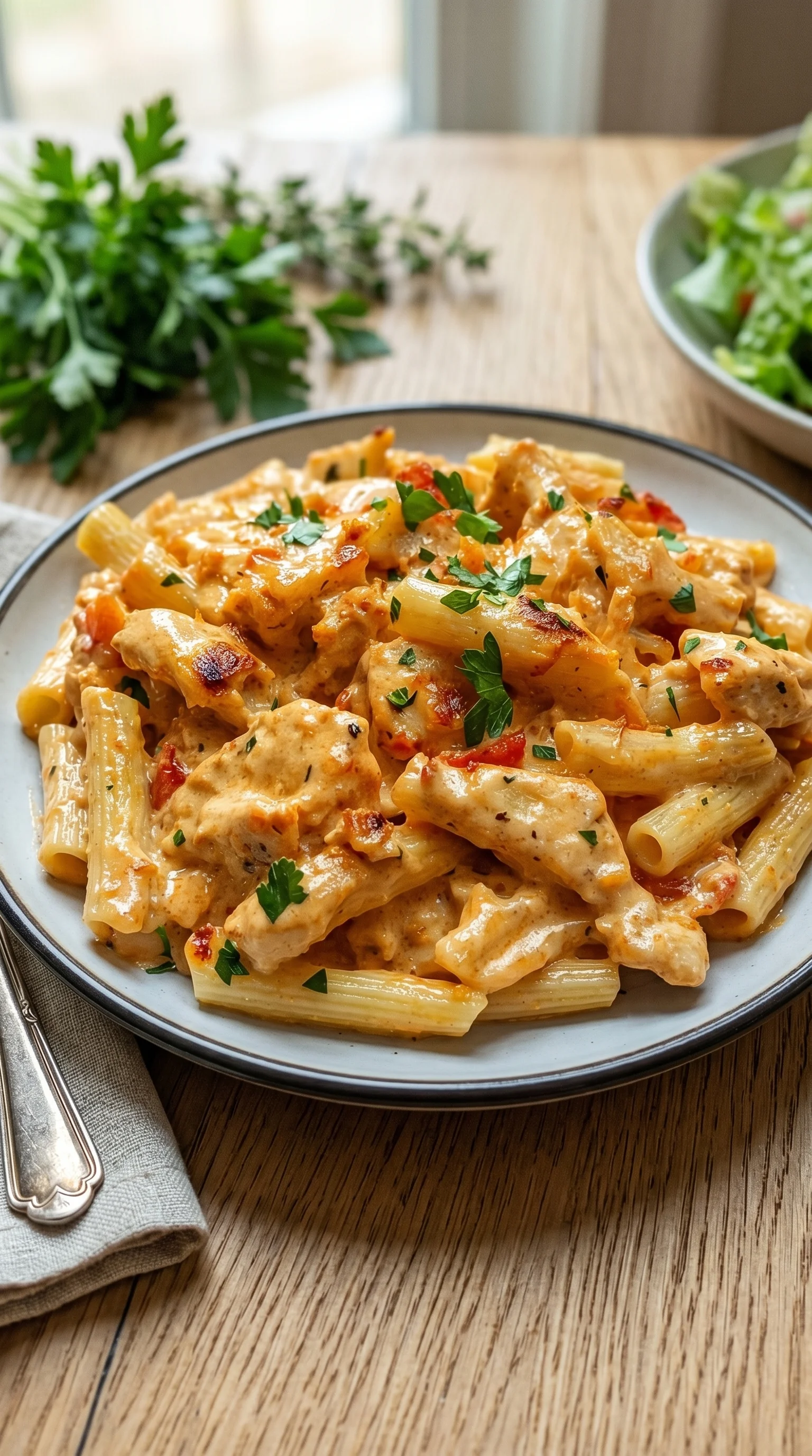 A plate of creamy chicken noodle casserole.