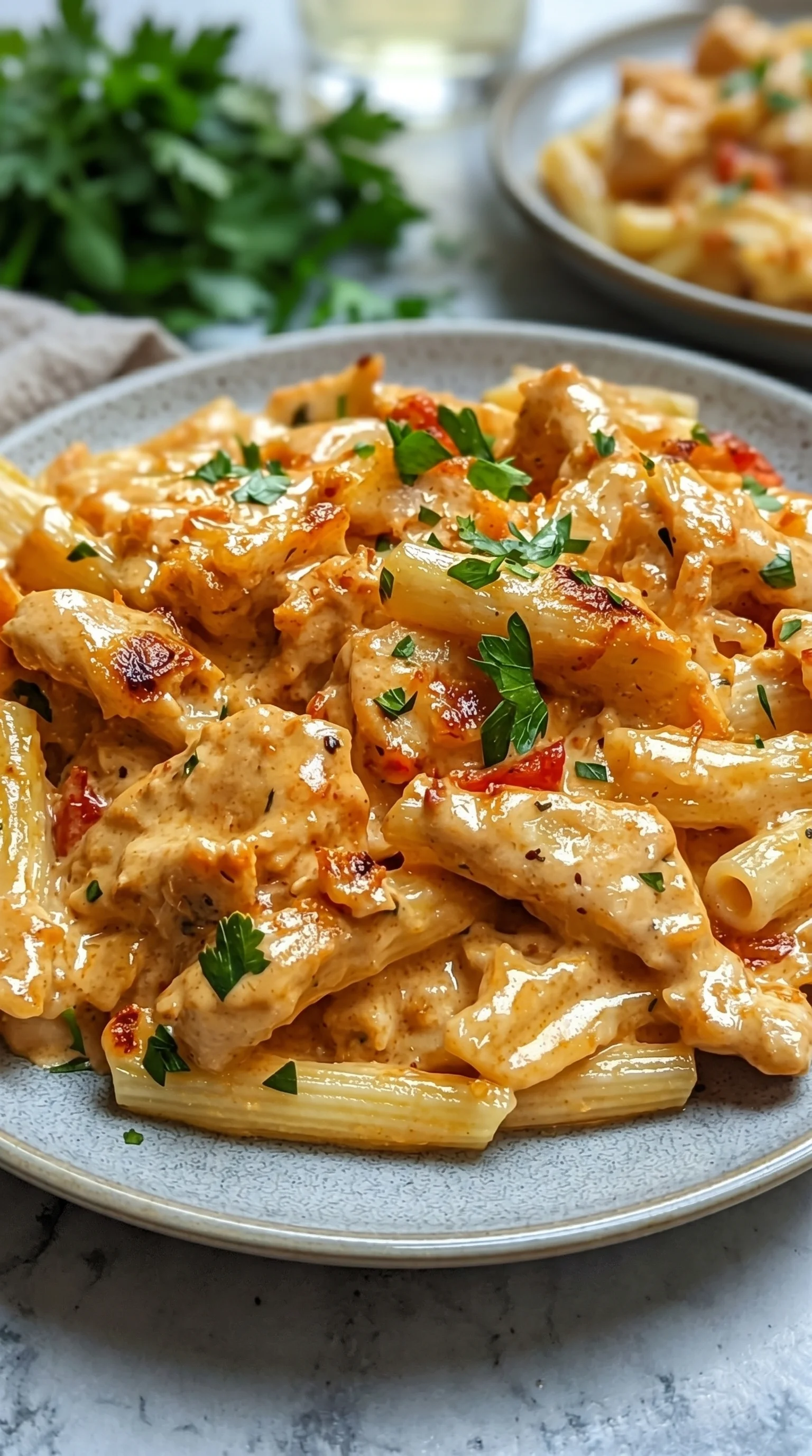 A bowl of creamy chicken noodle casserole.