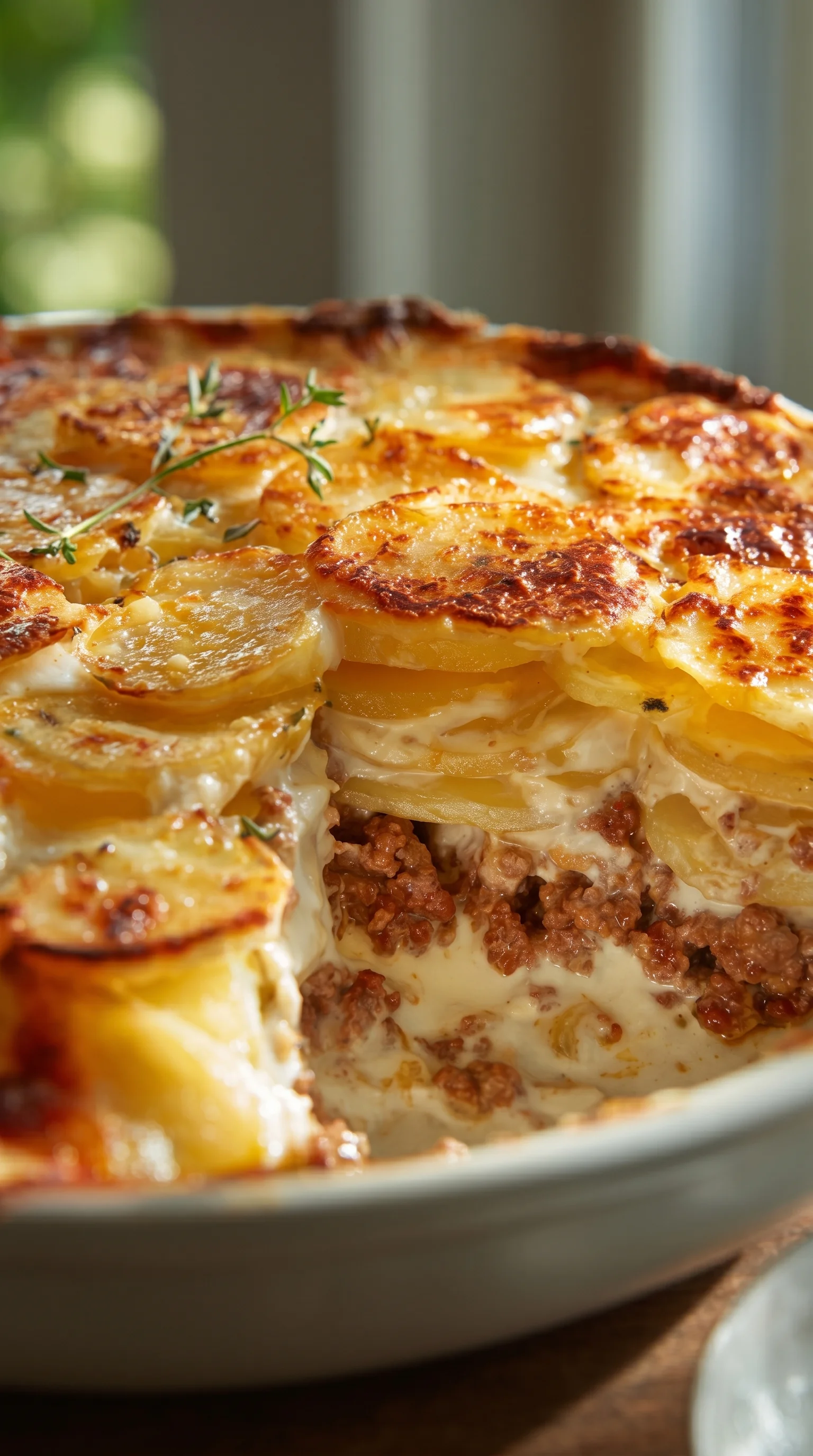 A close up of a delicious looking Kartoffel-Hackfleisch-Auflauf.