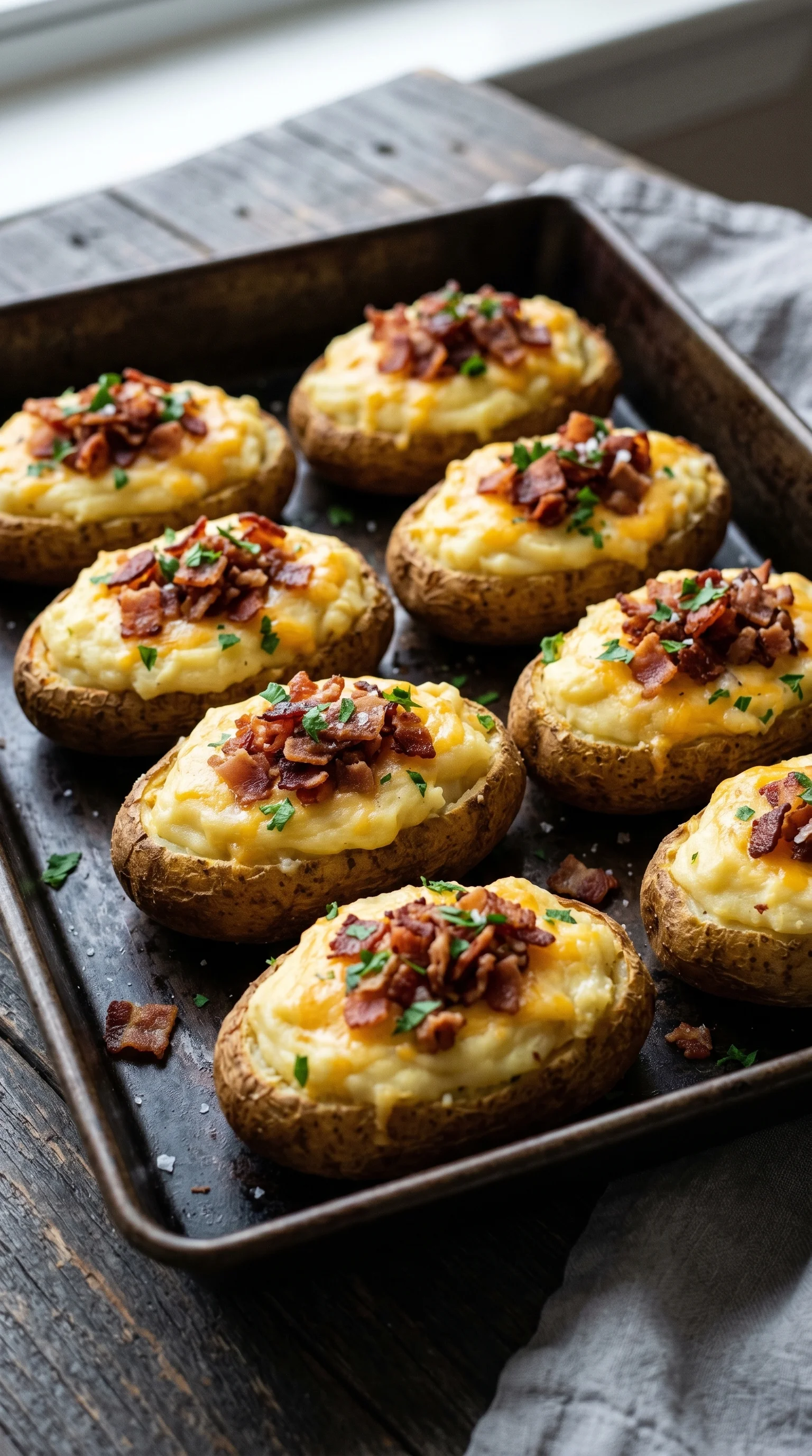 Bacon wrapped potatoes in a pan.