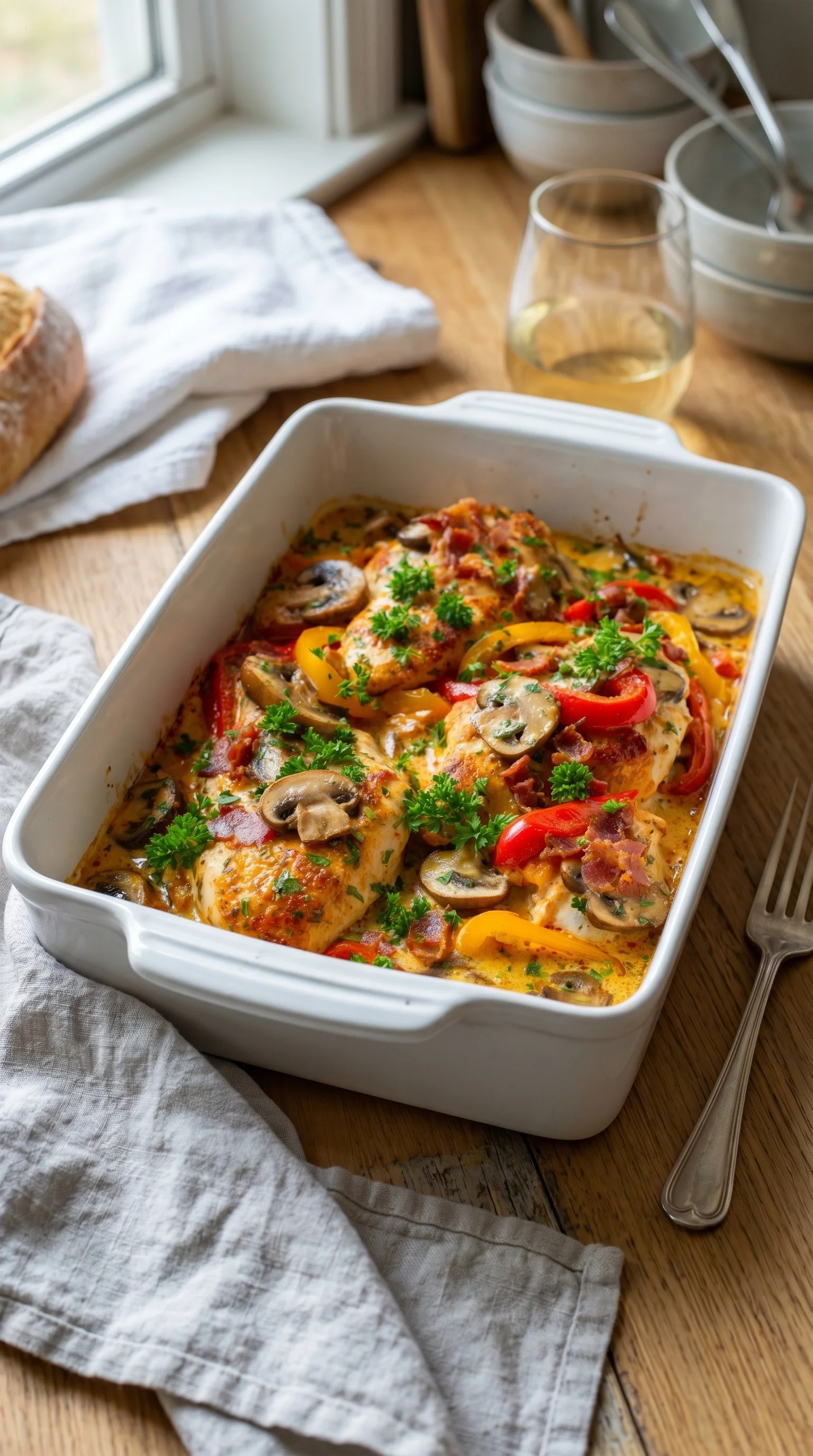 A white bowl filled with chicken and mushrooms.