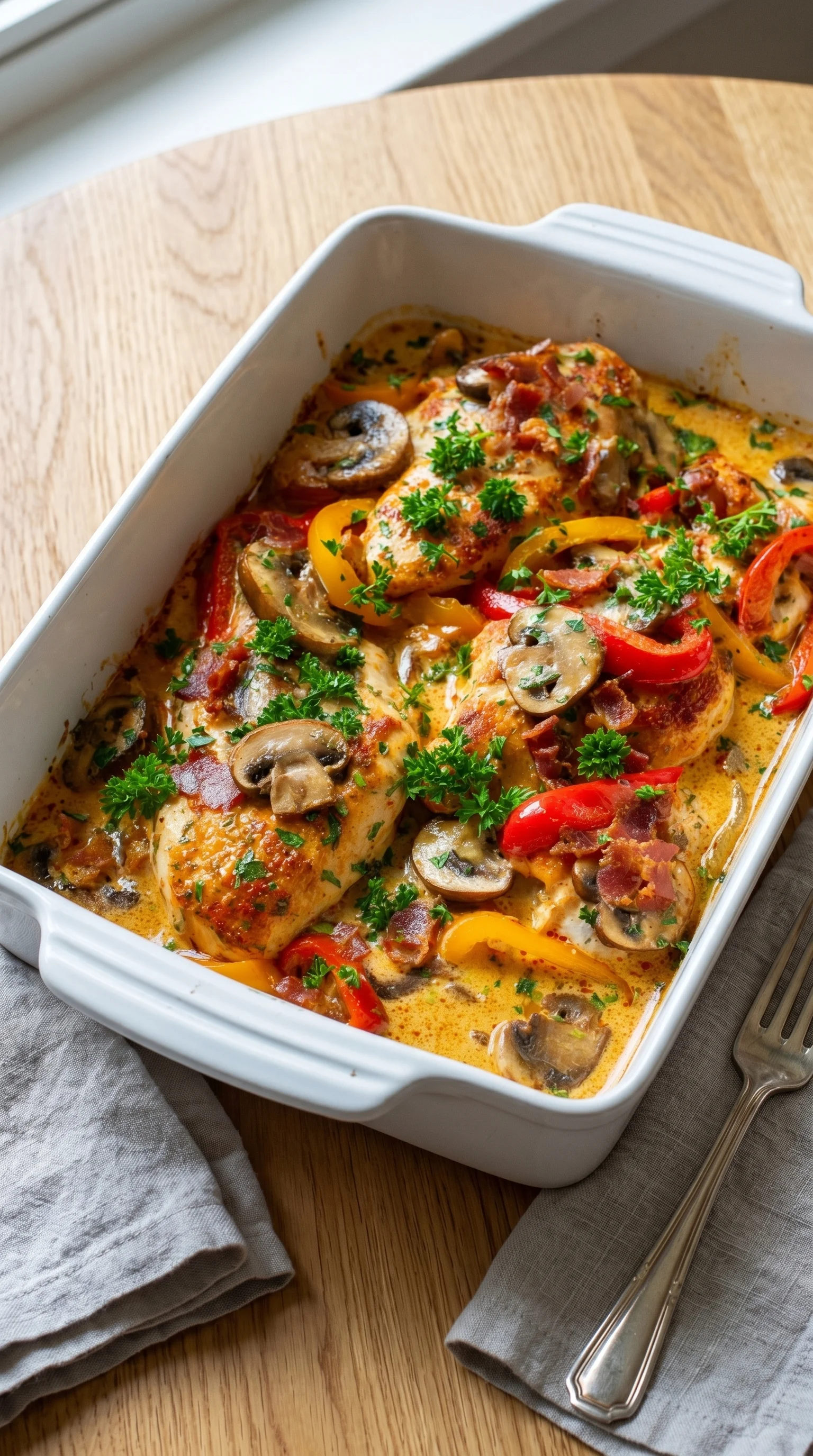 A white bowl filled with chicken and mushrooms.