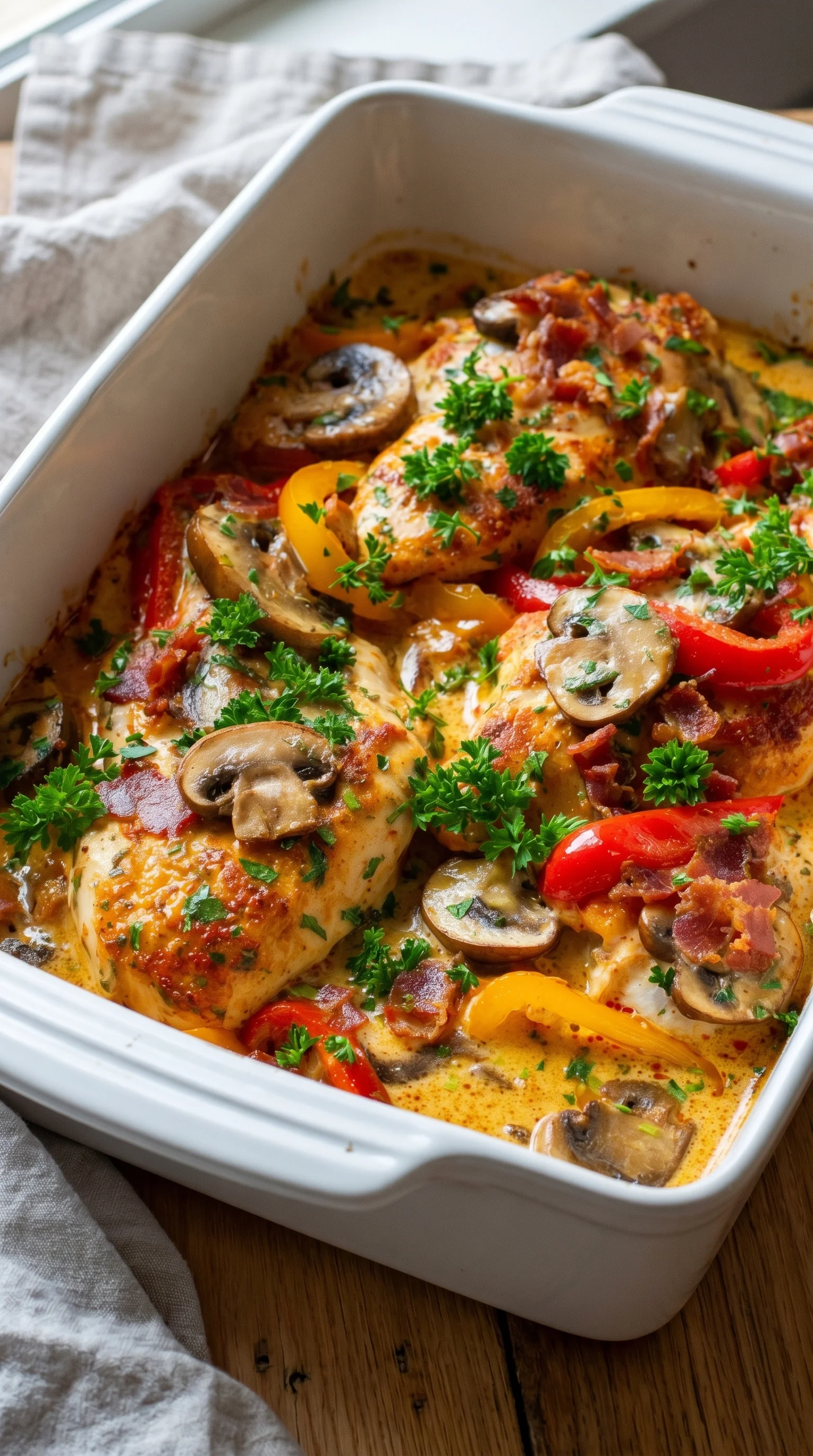 A dish of chicken with mushrooms and peppers.
