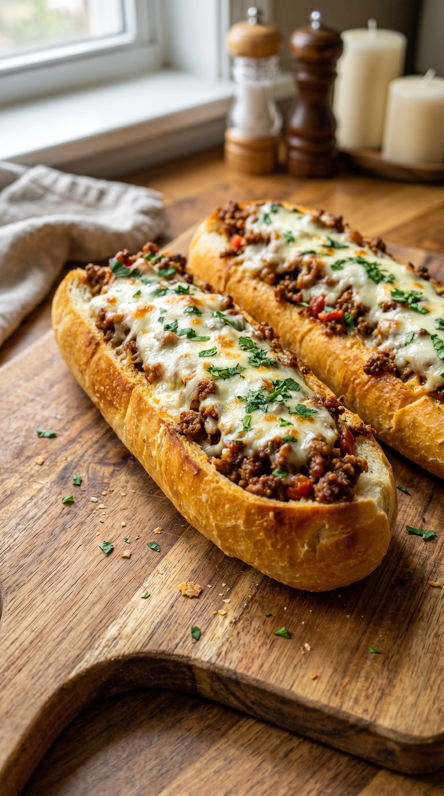 Two &uuml;berbackene Hackfleisch-Baguettes.