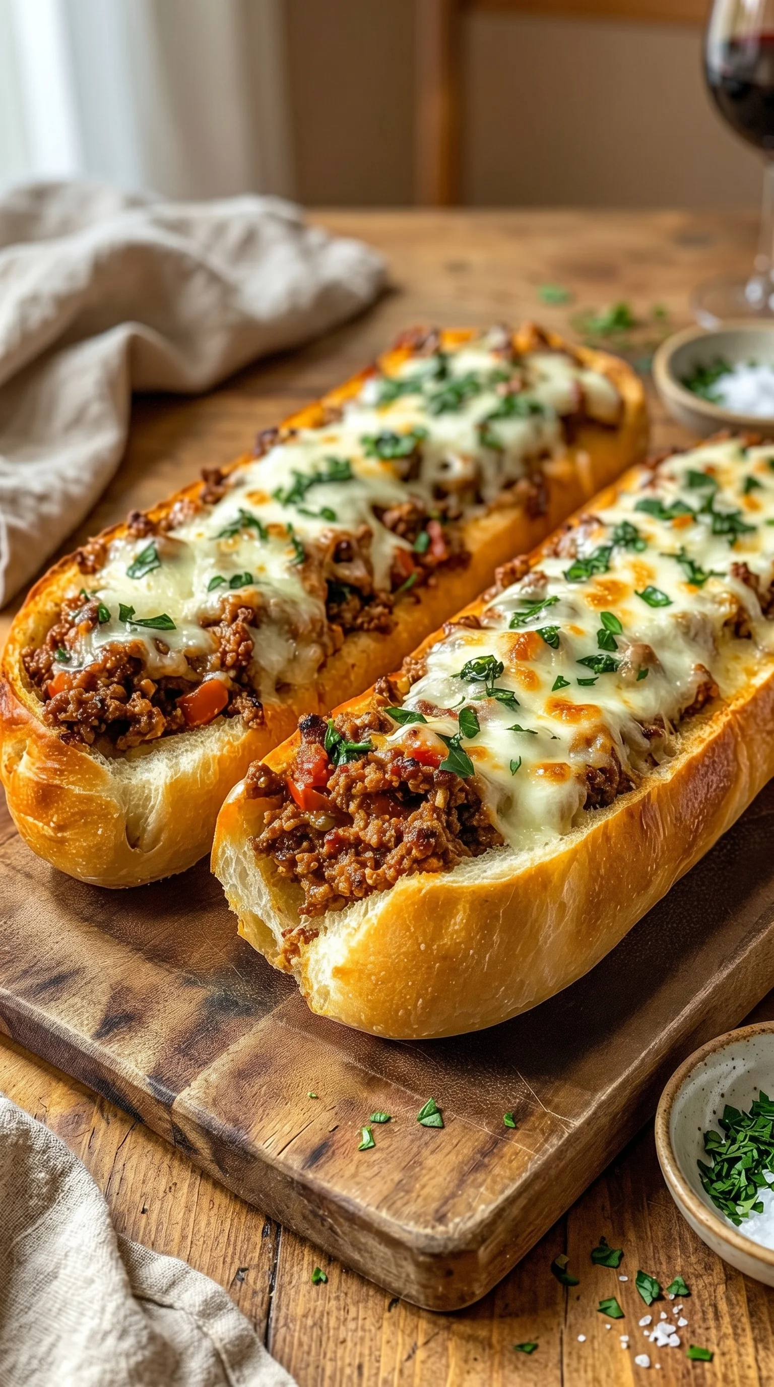Two &uuml;berbackene Hackfleisch-Baguettes.