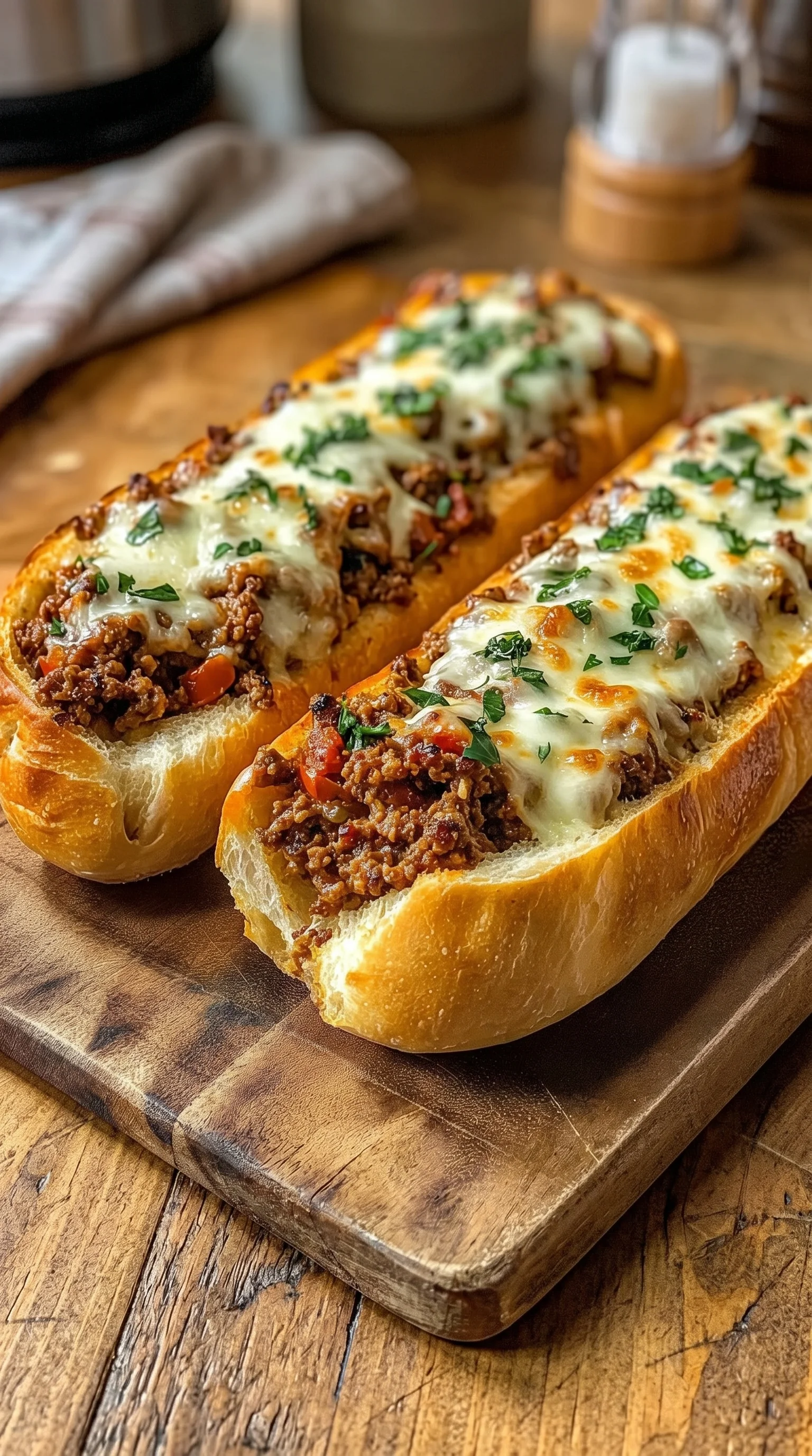 Two überbackene Hackfleisch-Baguettes.