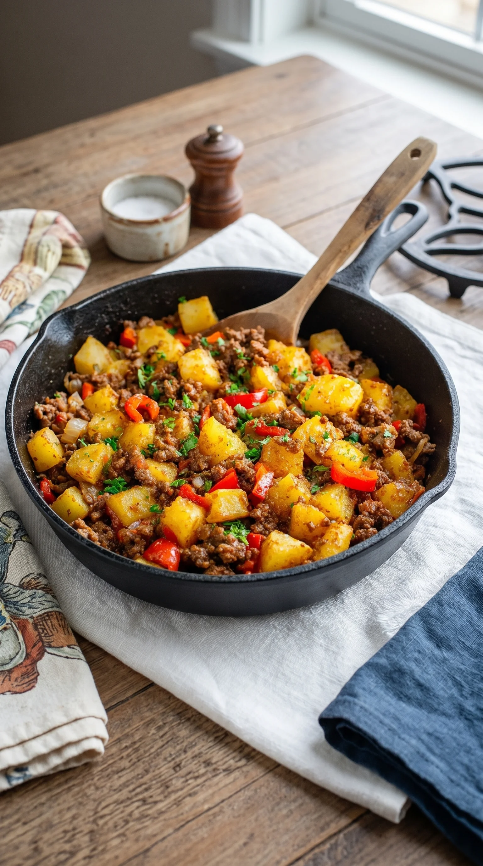 A skillet with a variety of foods in it.