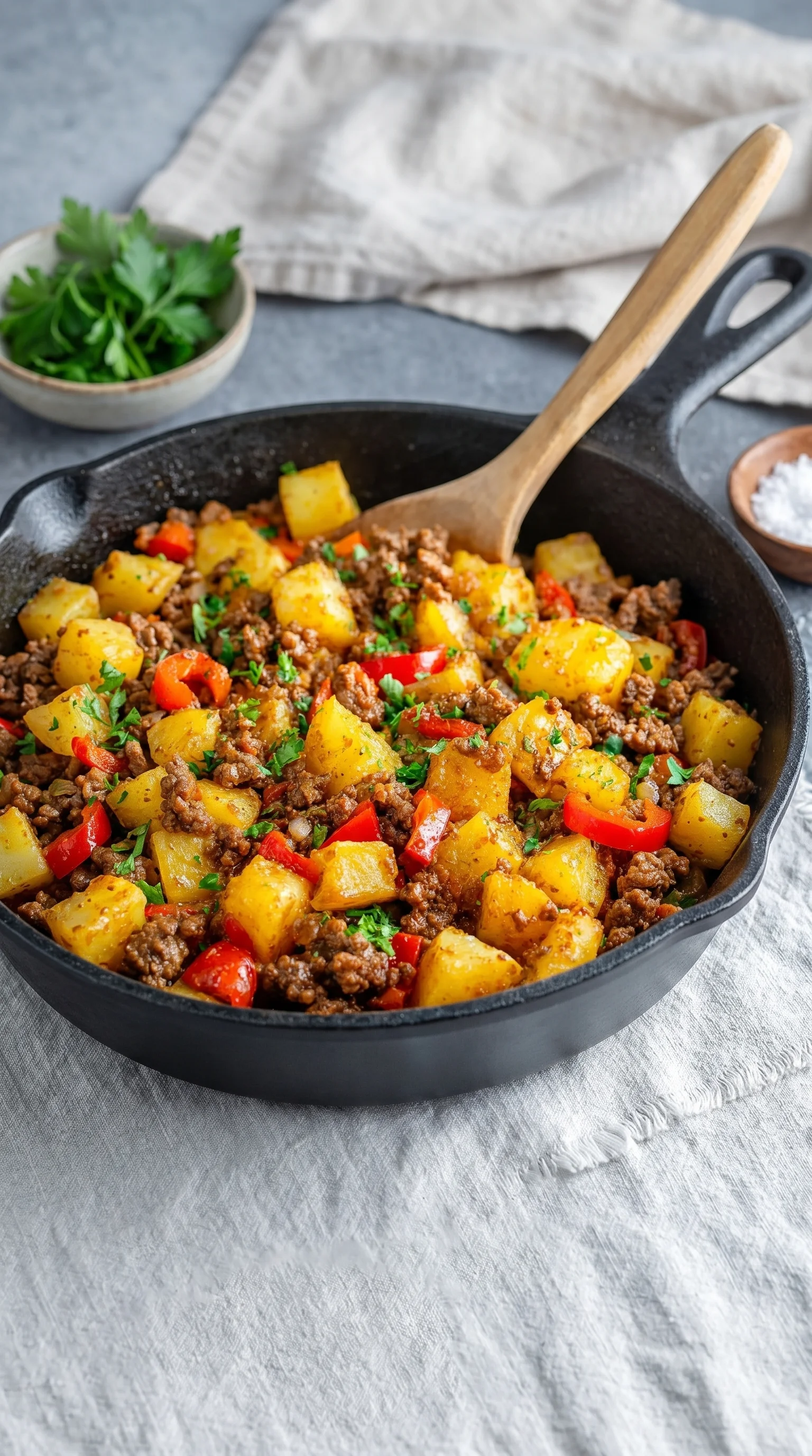 A pan of meat and potatoes.