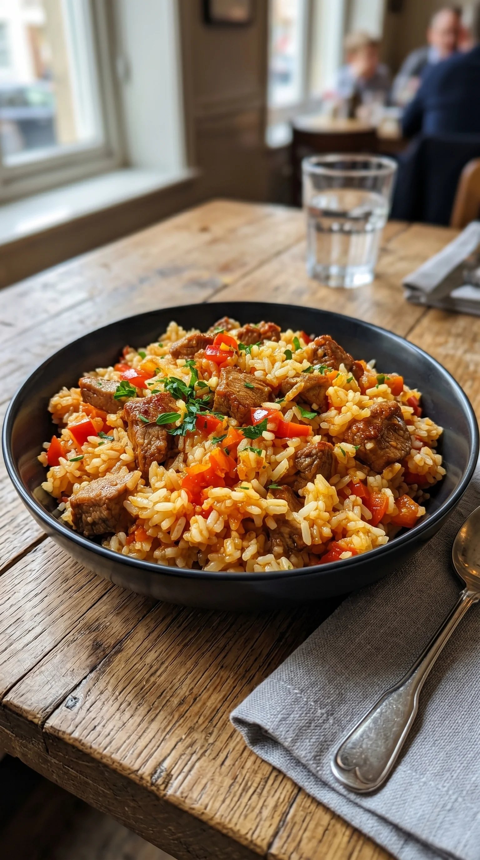A bowl of rice and meat.