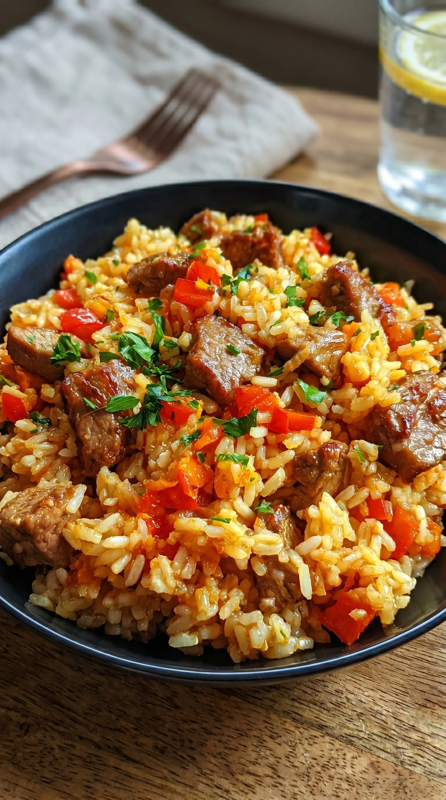 A bowl of rice with meat in it.