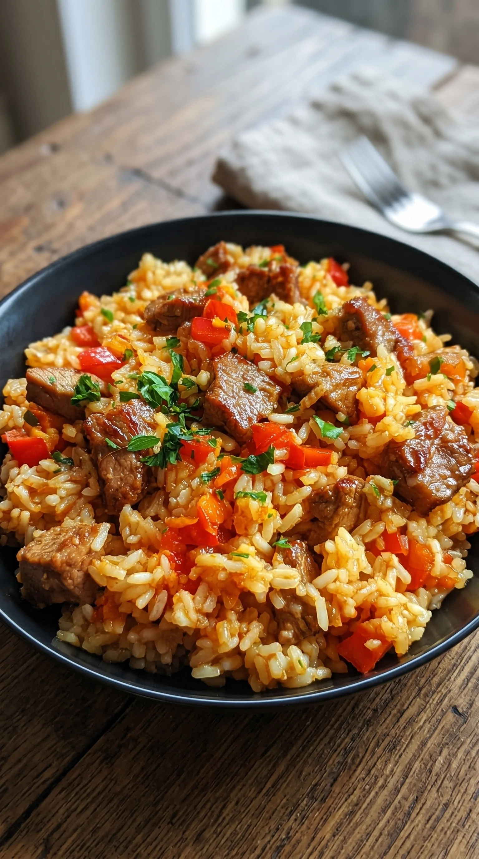A bowl of rice with meat and vegetables.