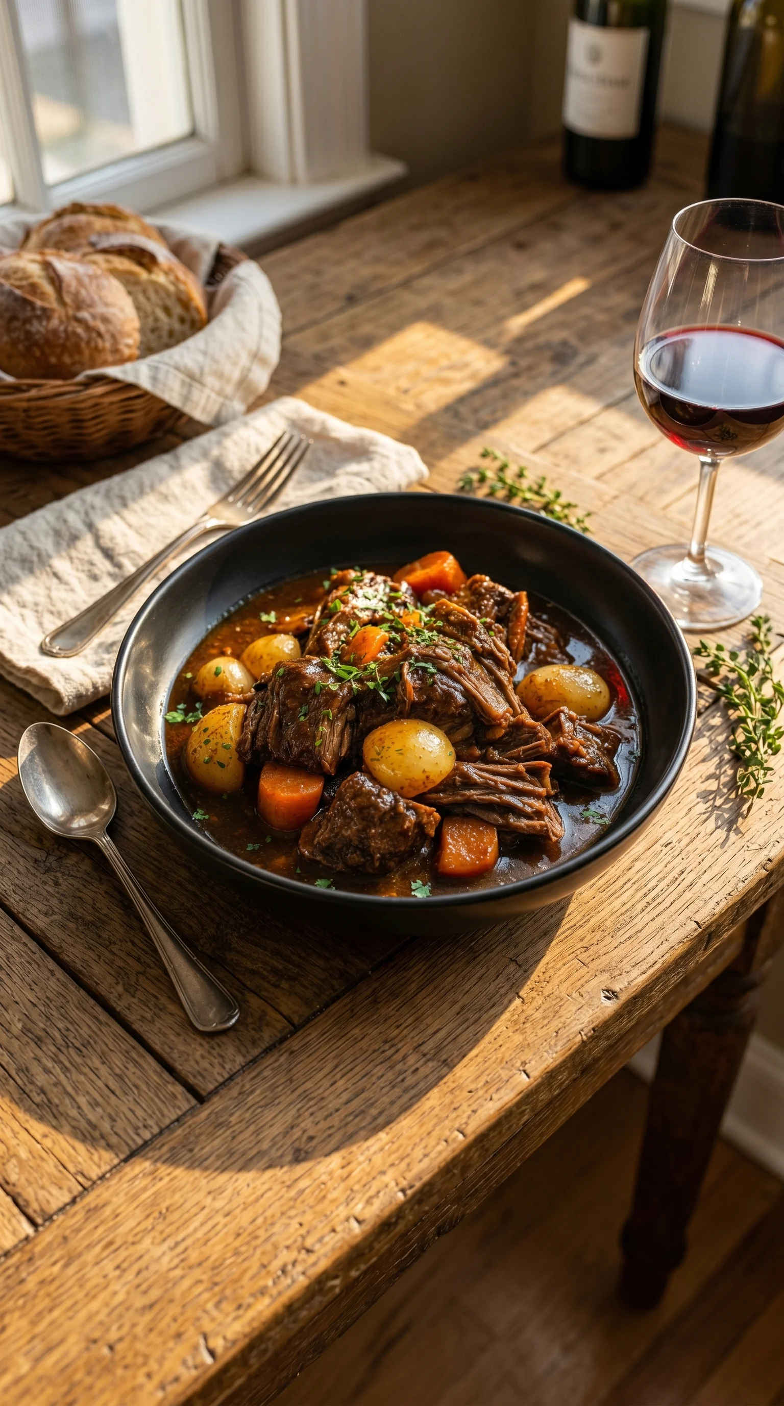 A bowl of meat and vegetables on a table.