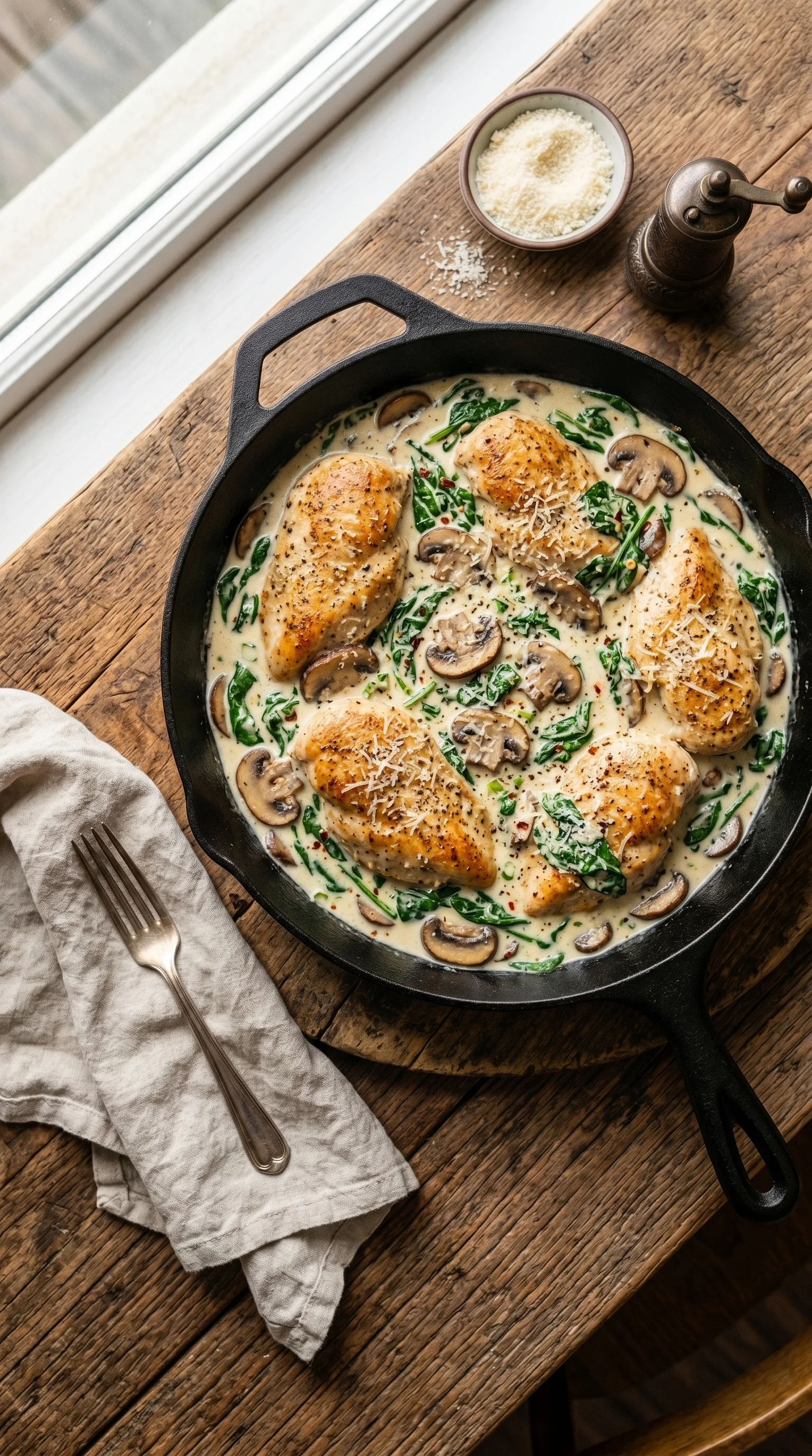 A pan of chicken with spinach and Parmesan cheese.
