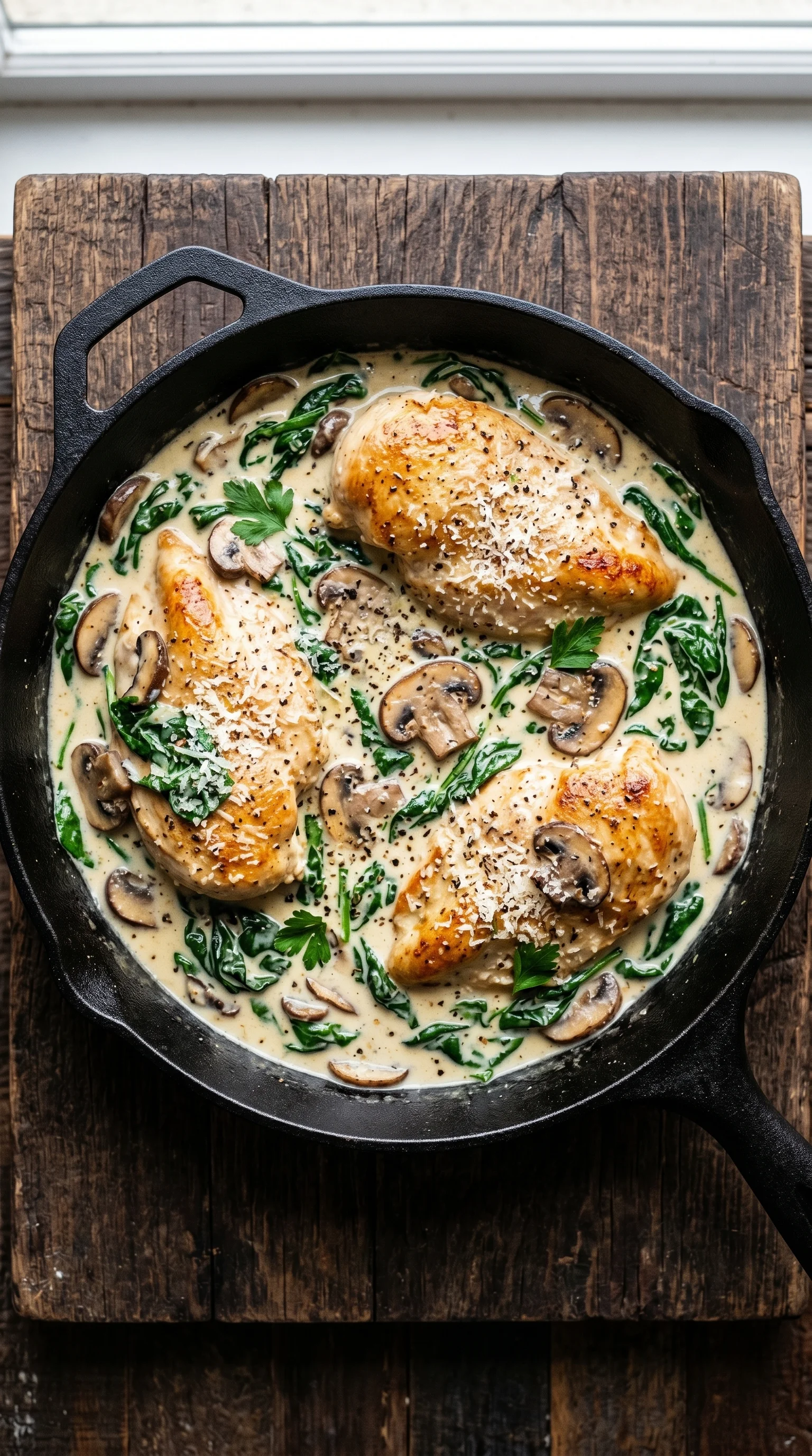 A pan of chicken with spinach and Parmesan sauce.