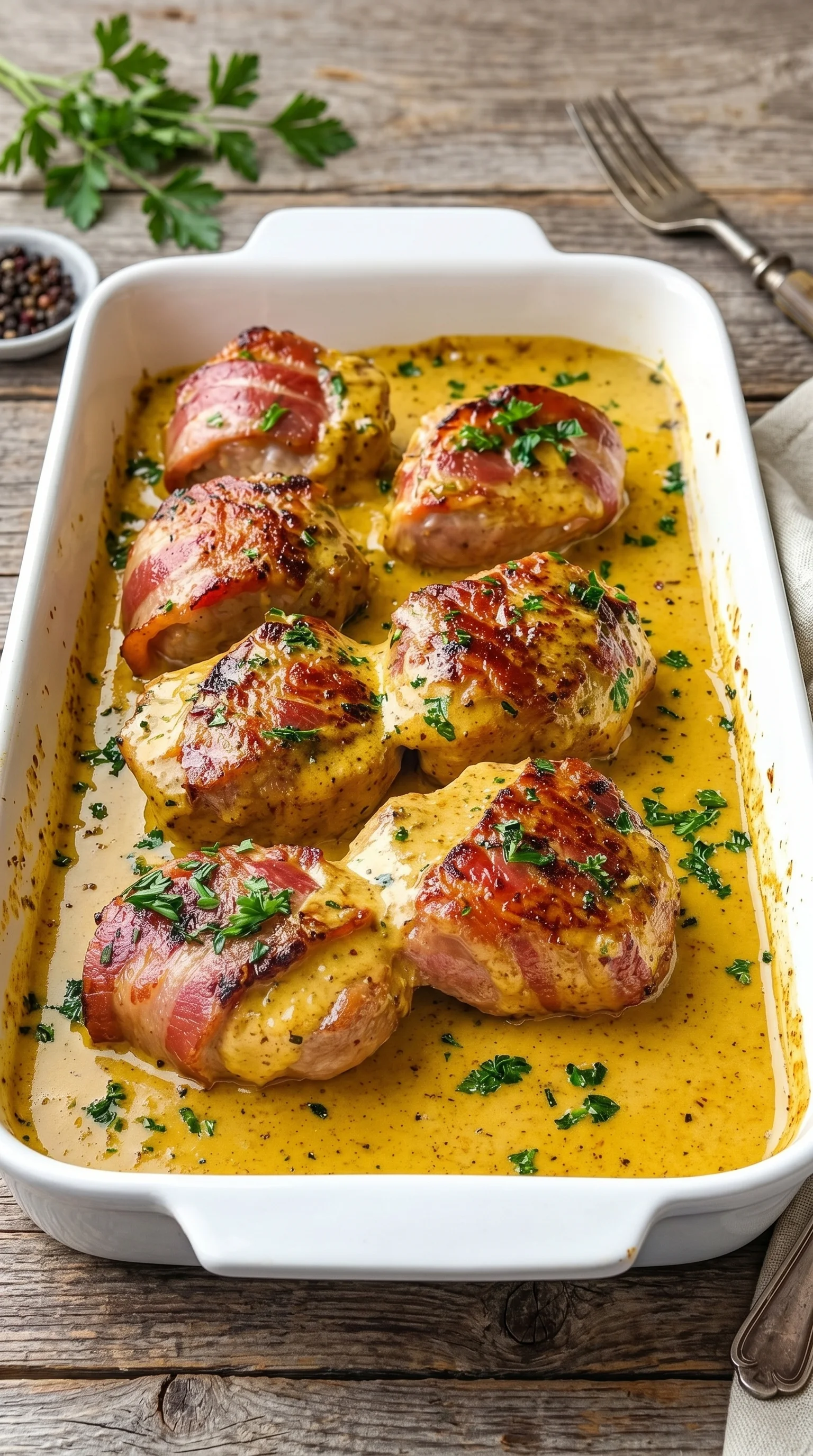 A dish of pork with a brown sauce.