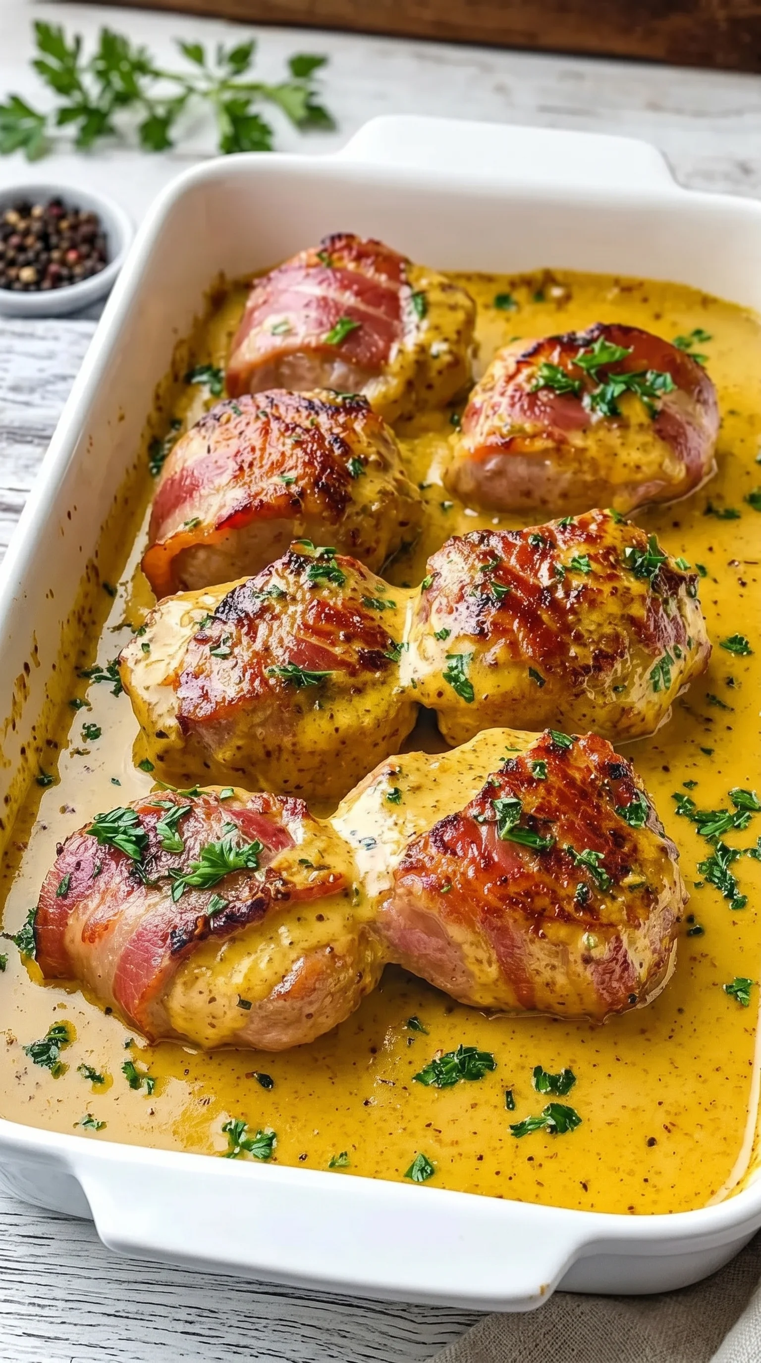 A pan of pork chops in a bacon wrapper.