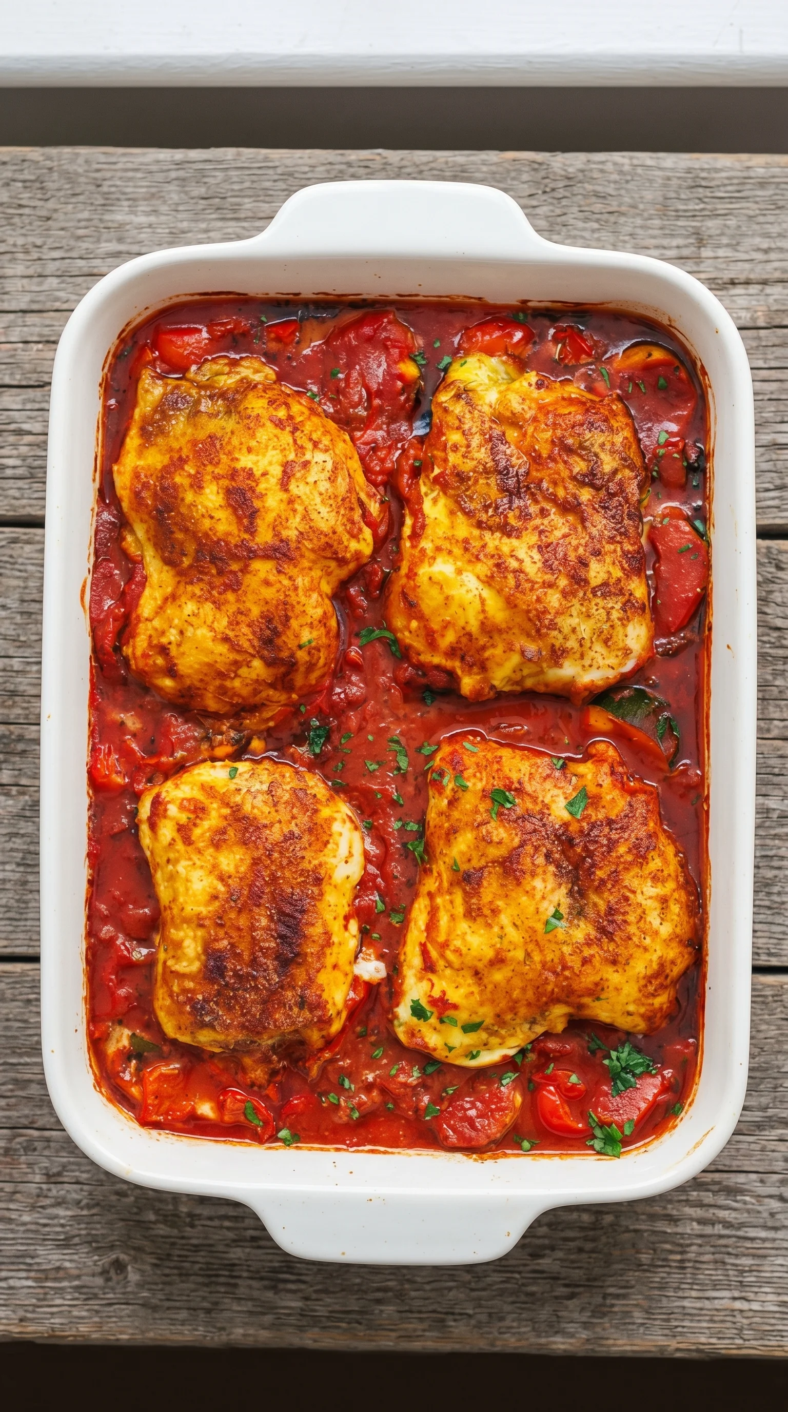 A pan of Pollo Fino with sauce.