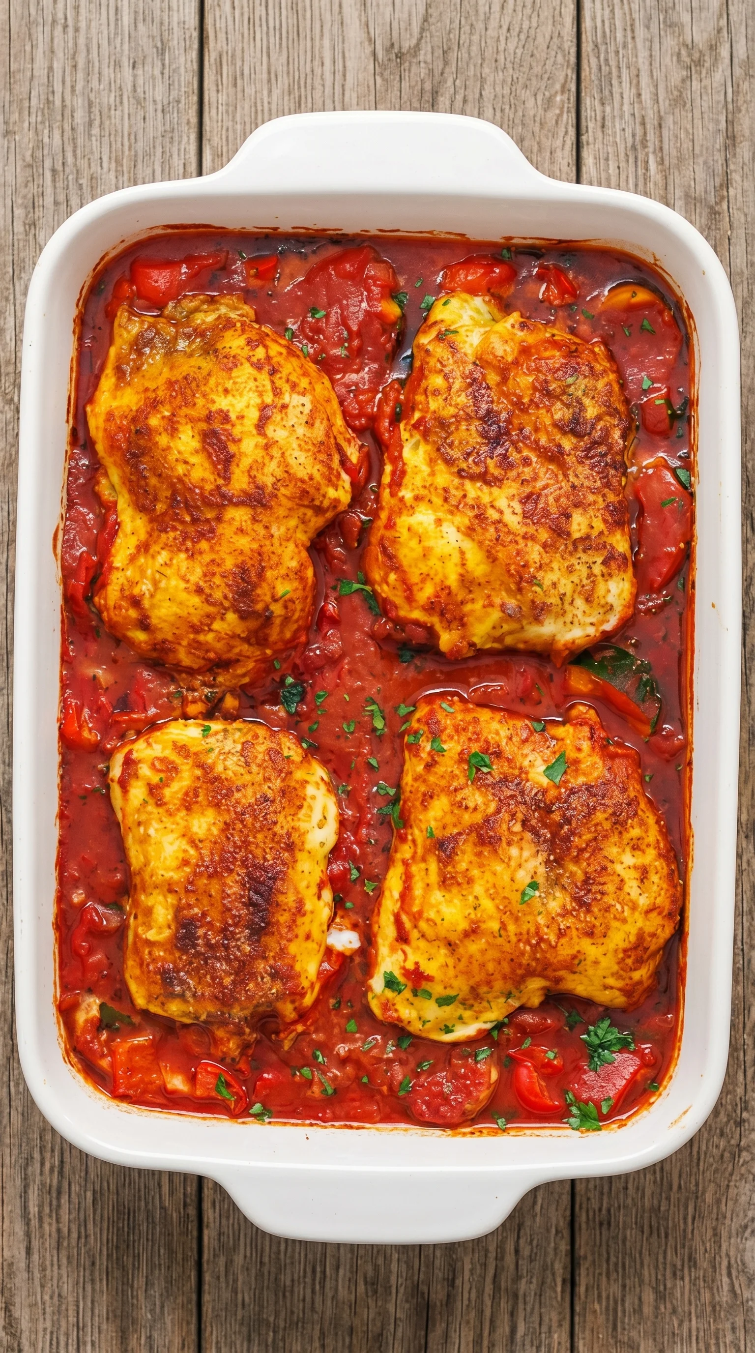 A dish of chicken with tomato sauce.