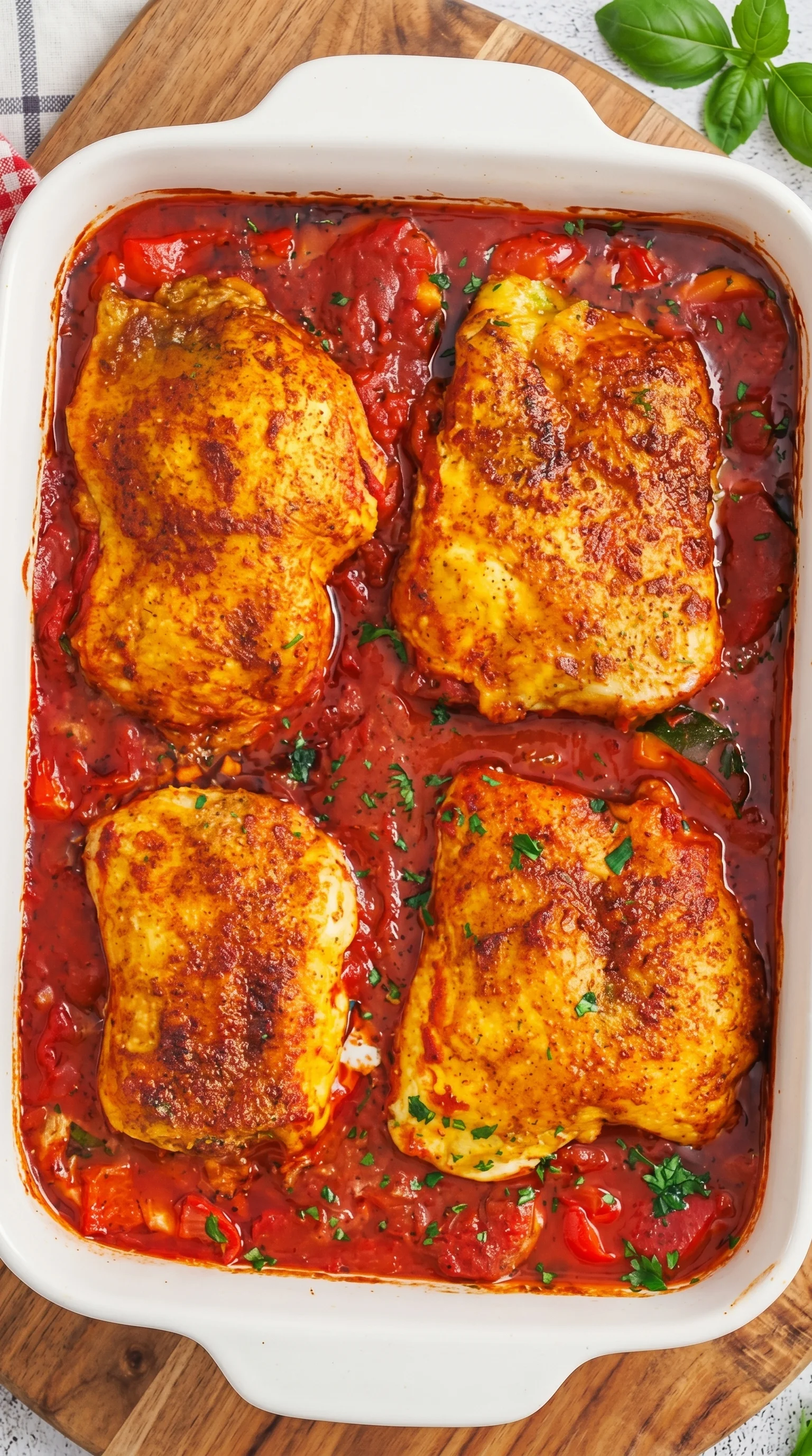 A dish of chicken with red sauce.