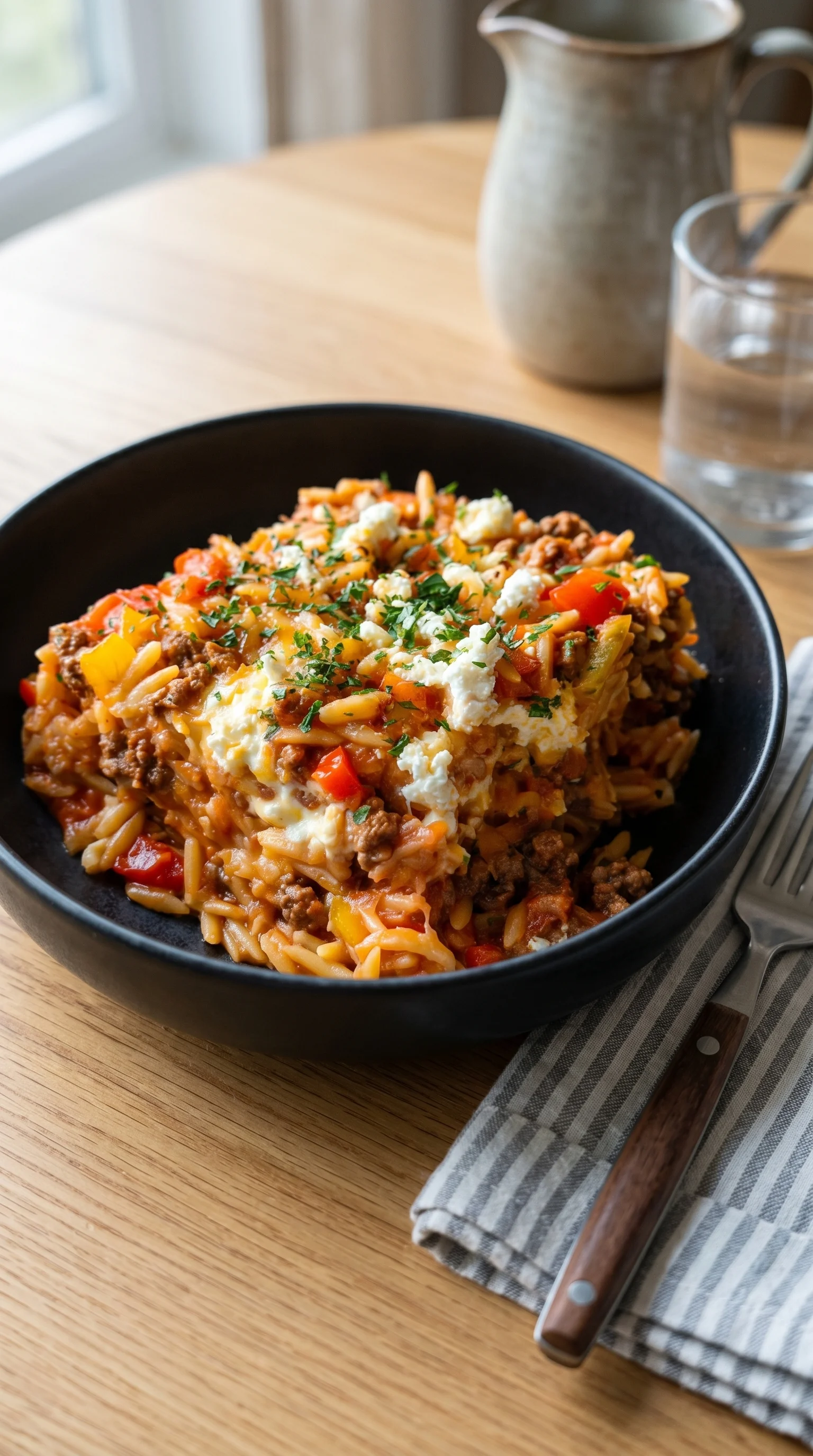 A bowl of Greek pasta with meat and cheese.