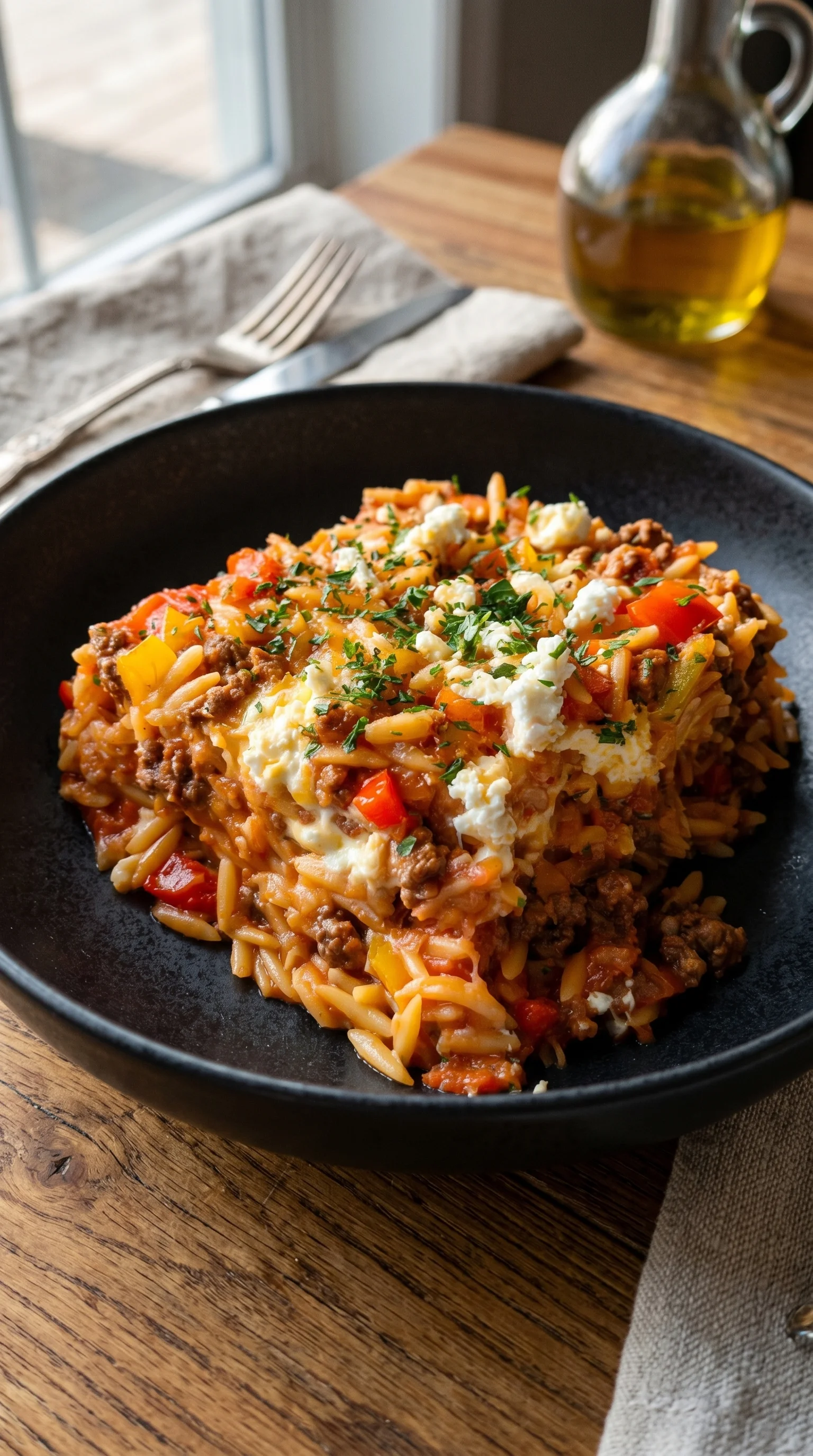 A bowl of Greek pasta with meat and feta cheese.