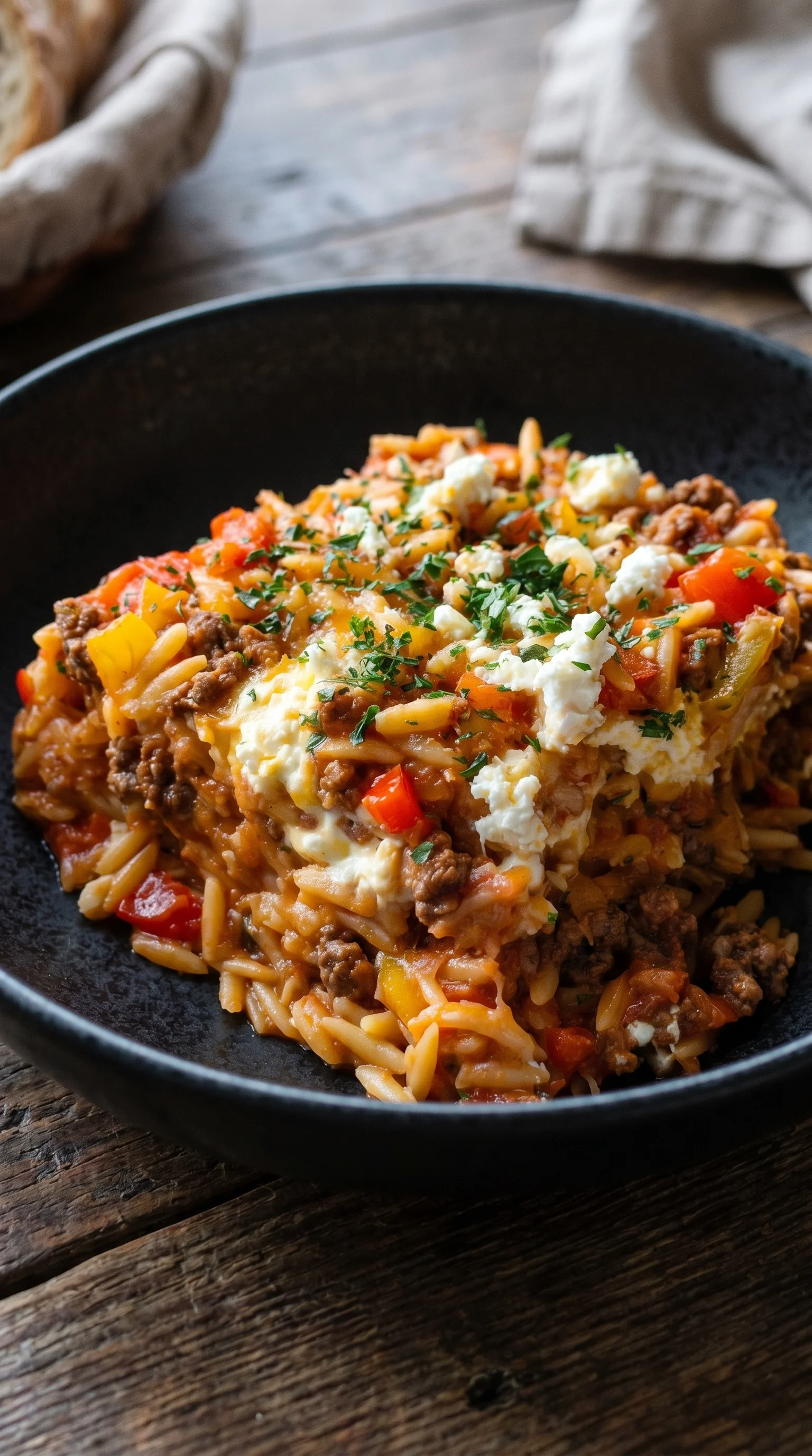 A bowl of Greek noodle dish with meat and cheese.