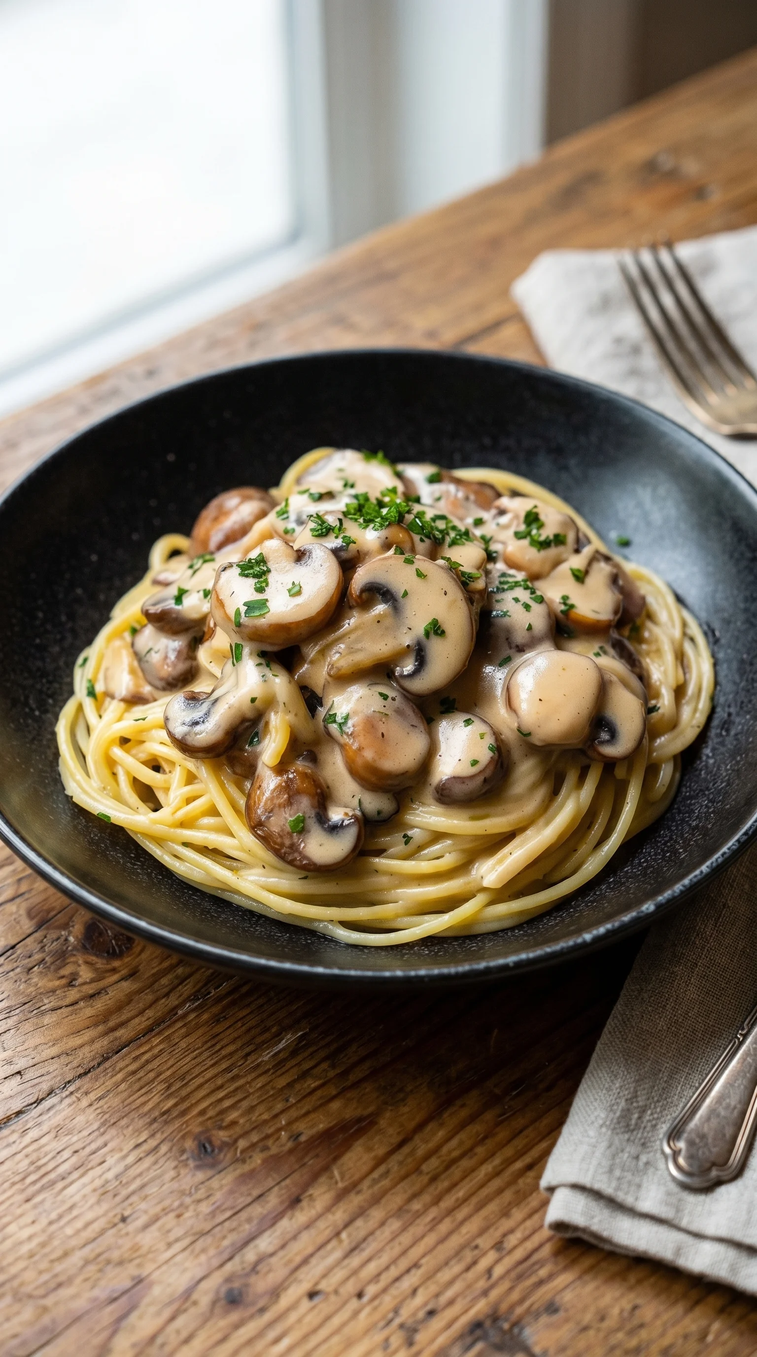 A bowl of spaghetti with mushrooms and sauce.