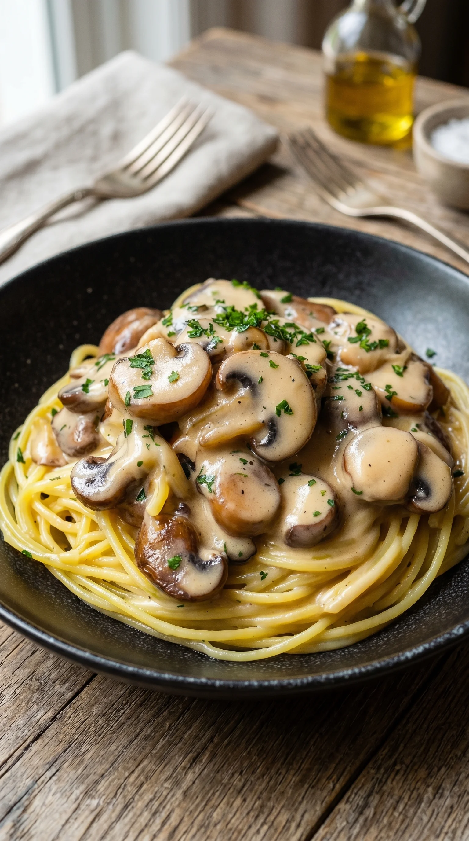 A plate of spaghetti with mushrooms and sauce.