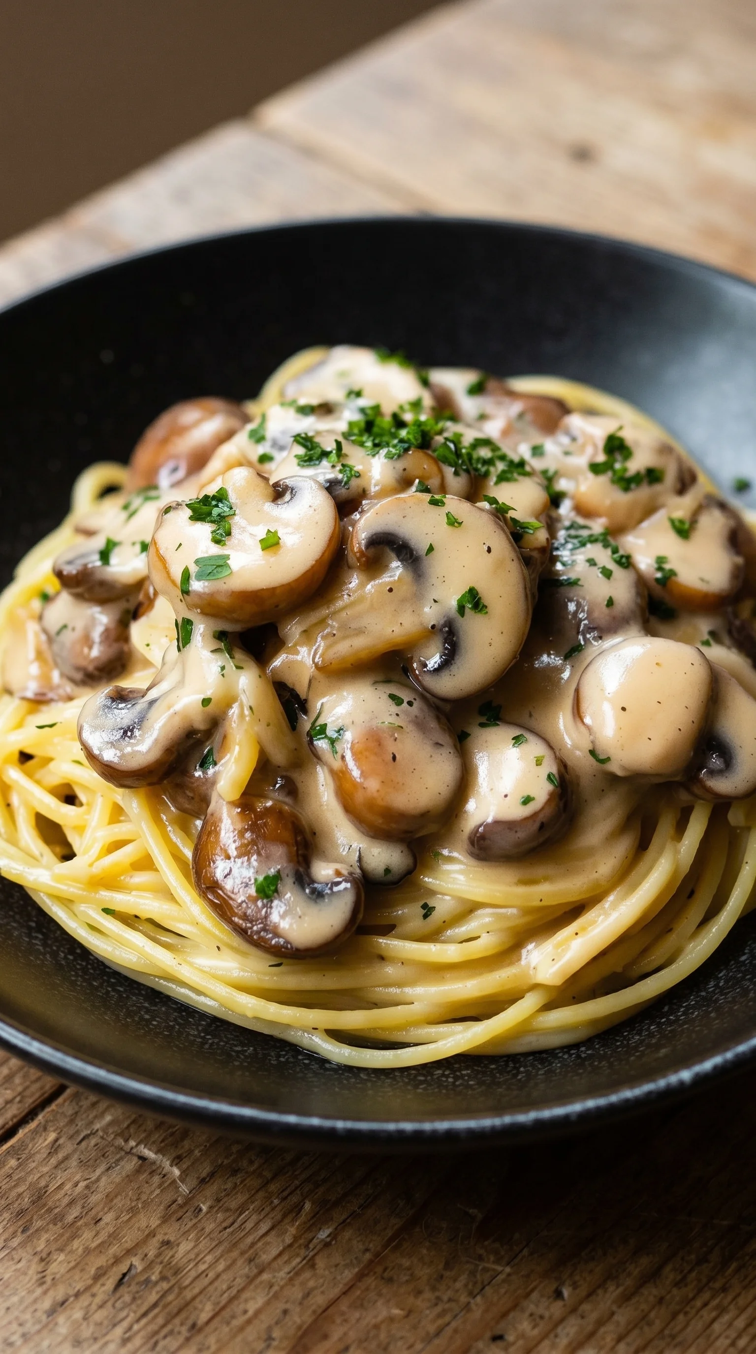 A plate of spaghetti with mushrooms and a creamy sauce.