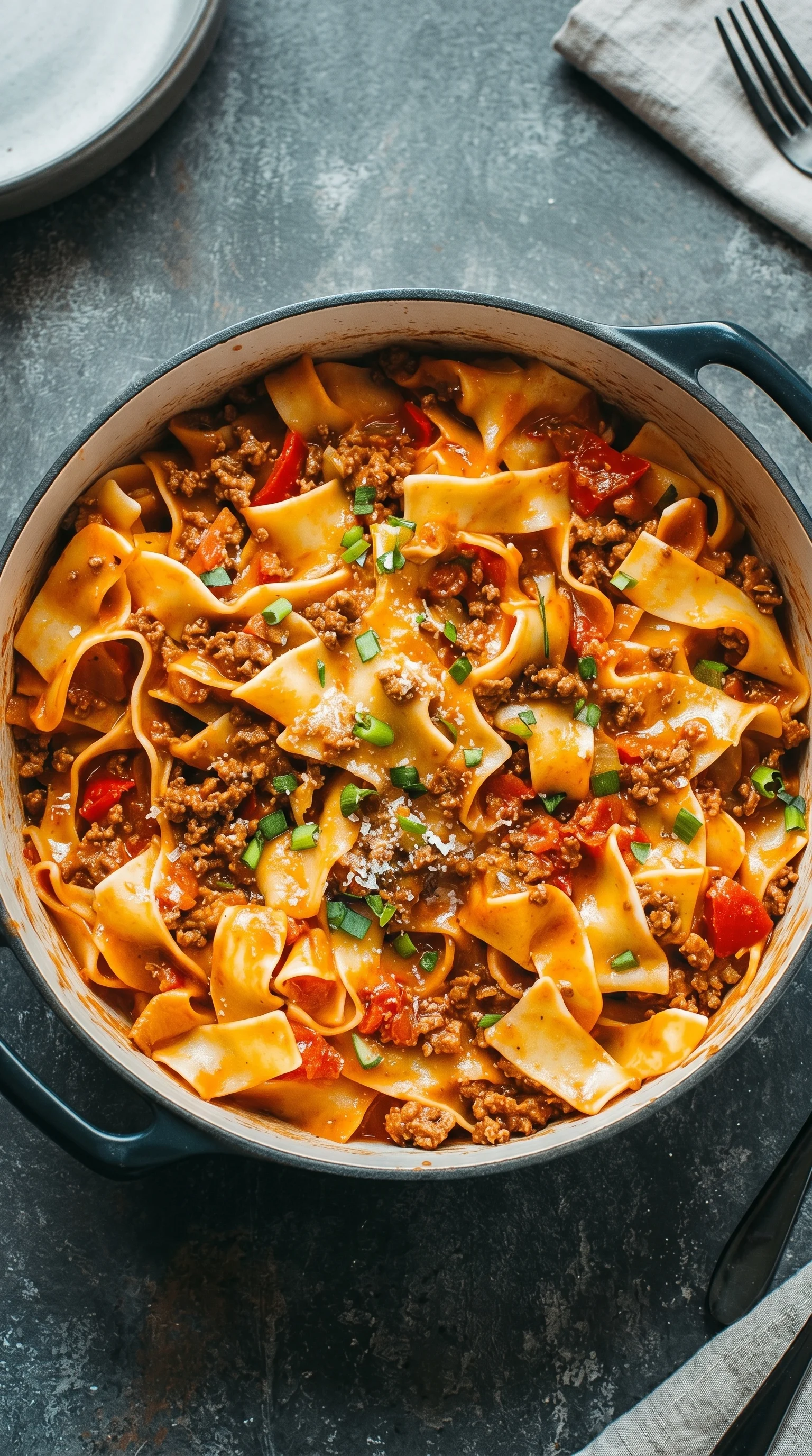A bowl of pasta with meat and vegetables.