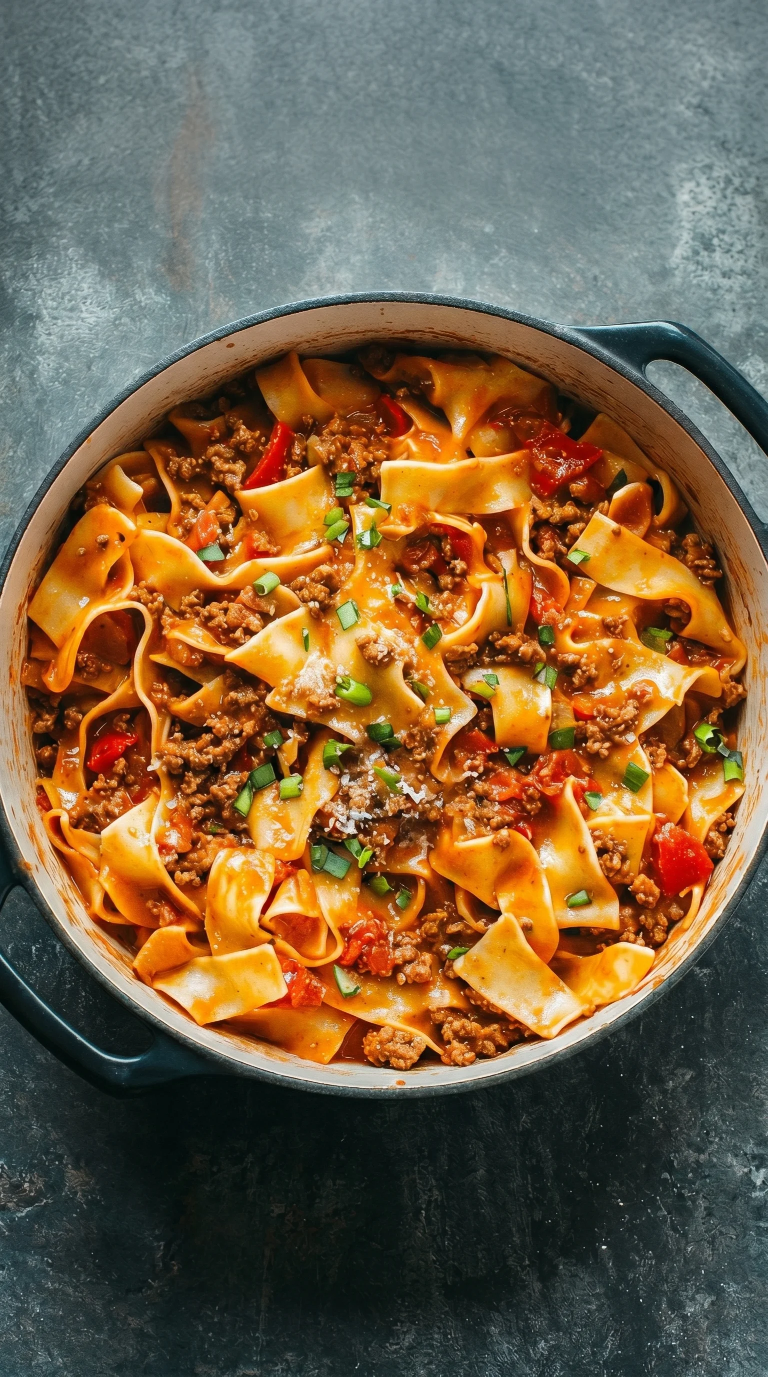A bowl of pasta with meat and vegetables.