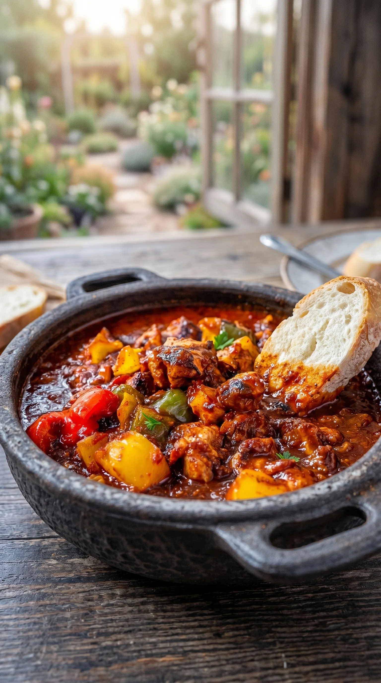 A bowl of food with a slice of bread on top.