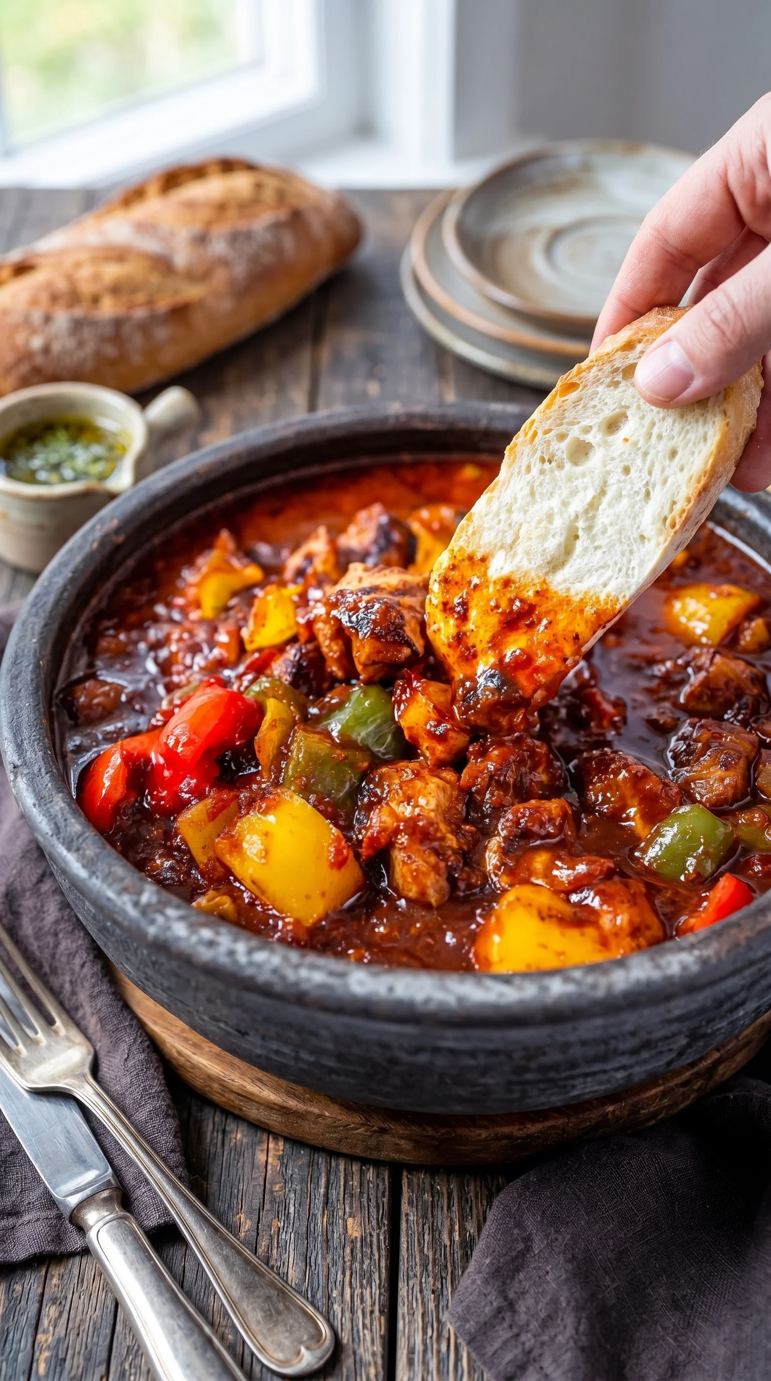 A hand is grabbing a piece of bread from a bowl of stew.